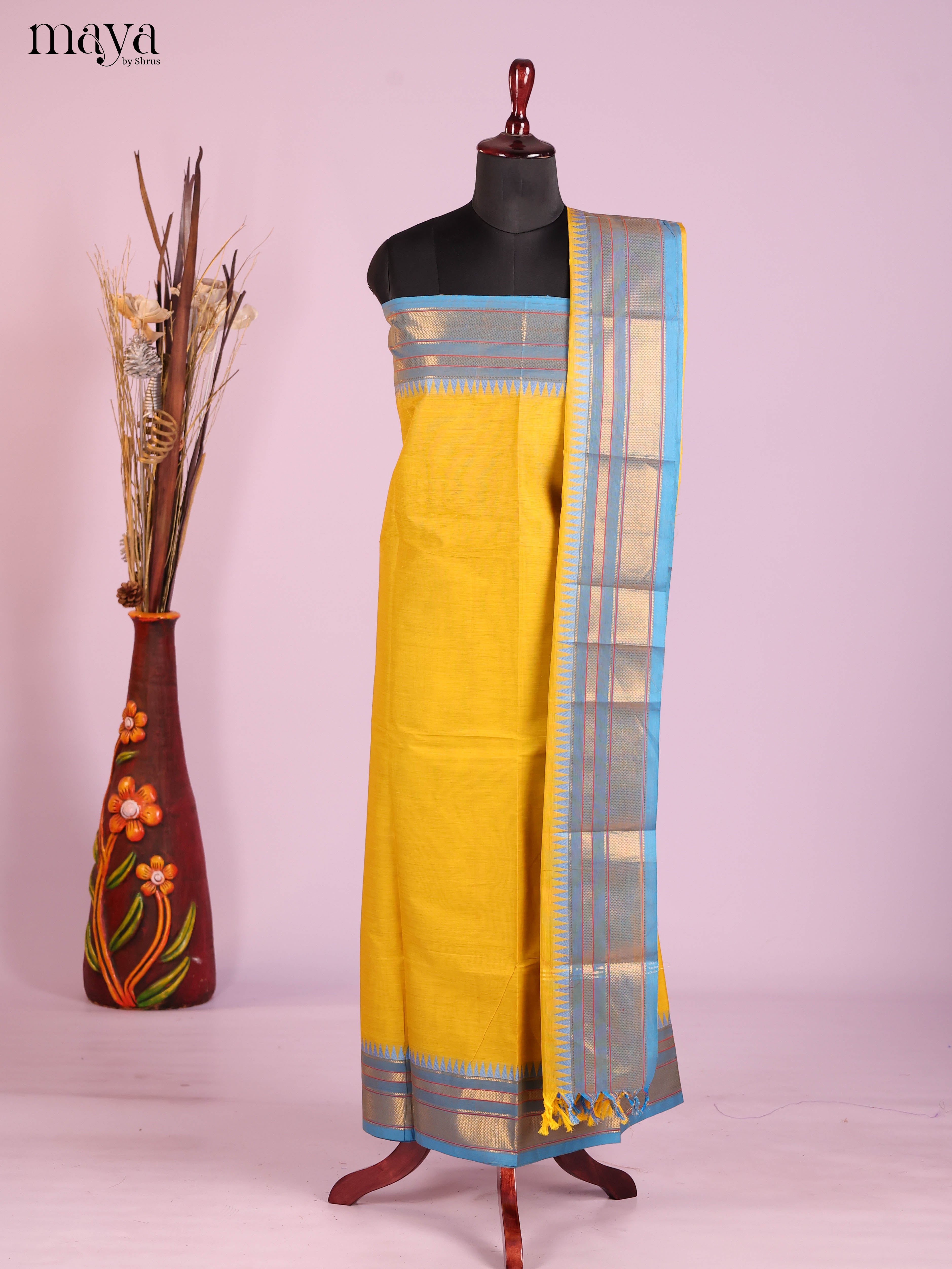 Yellow & Blue-chettinad top & dupatta combo