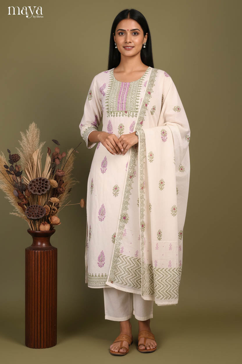 Cream & Green- Block Printed Readymade 3 Piece