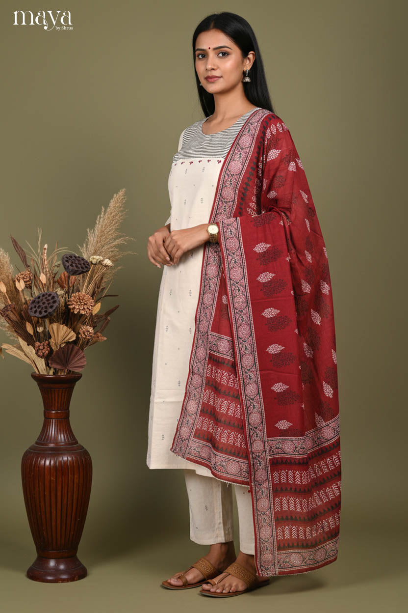 Cream & maroon -Readymade 3 Piece