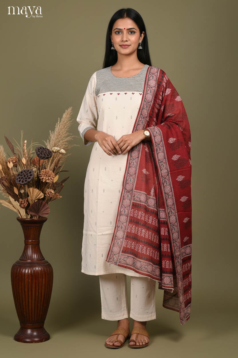 Cream & maroon -Readymade 3 Piece