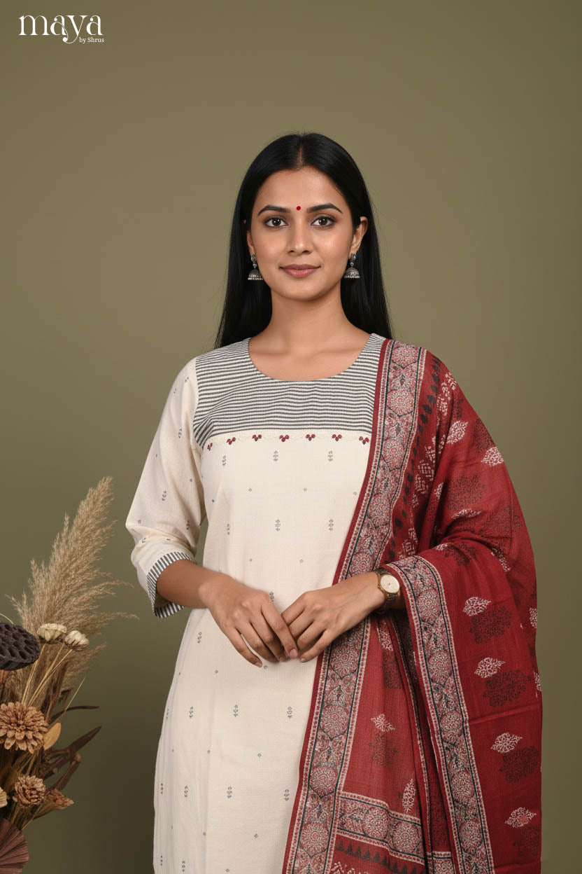 Cream & maroon -Readymade 3 Piece
