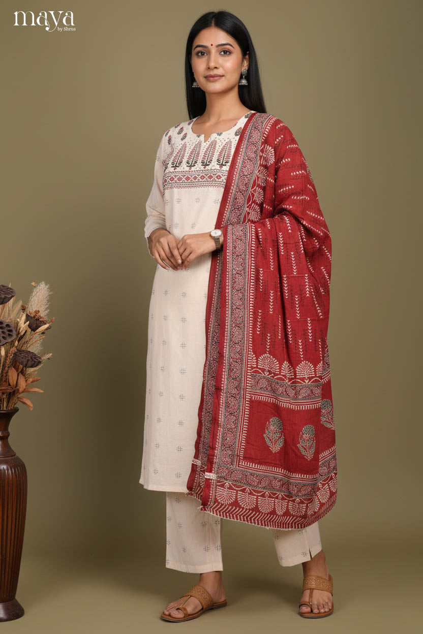 Cream & maroon-Ajrakh printed Readymade 3 Piece