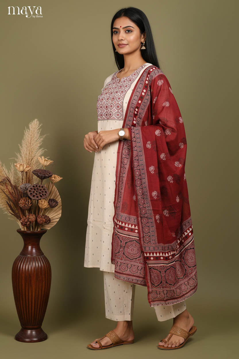 Cream & Maroon-Ajrakh printed Readymade 3 Piece