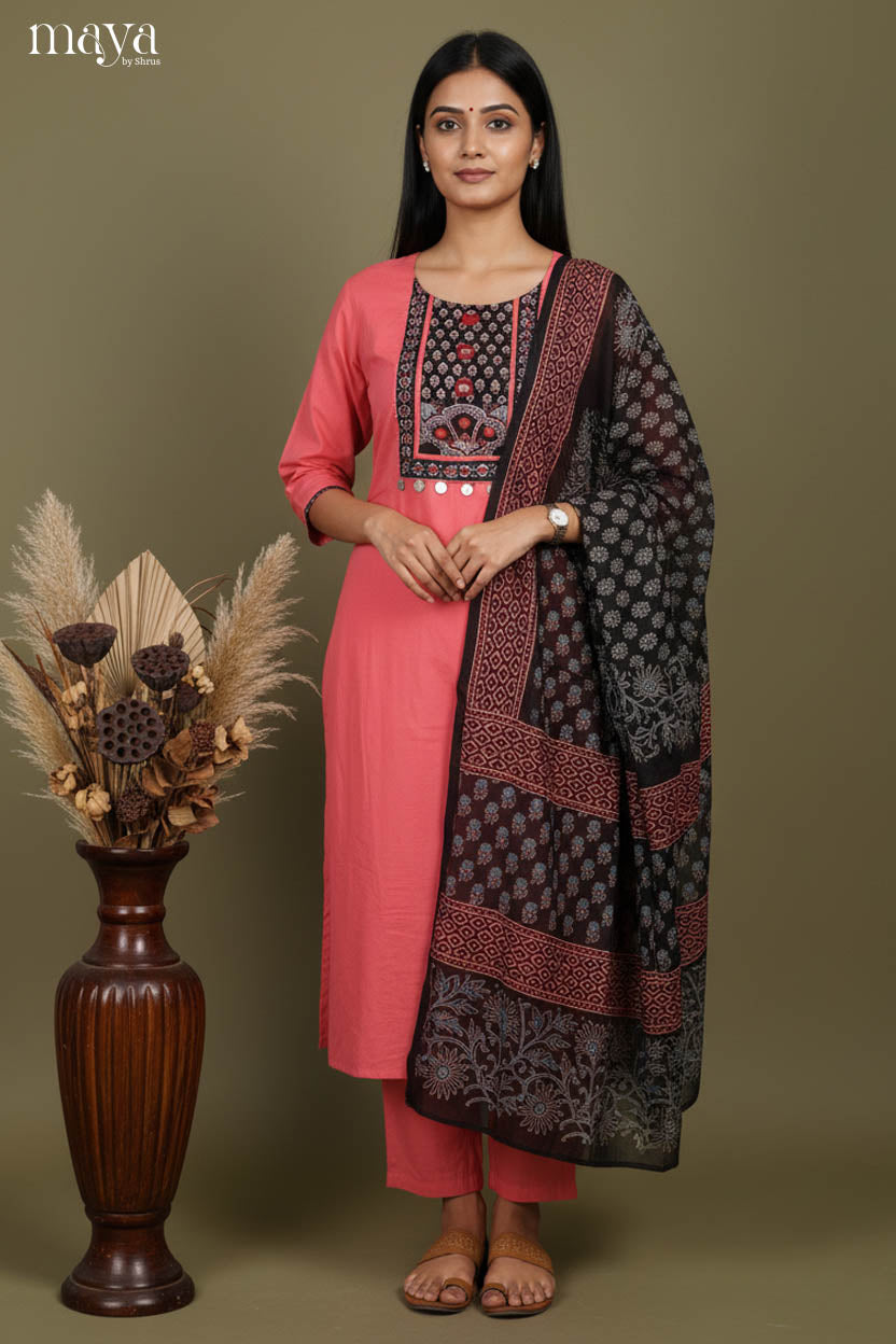 Orangish Peach & Black-Readymade 3 Piece