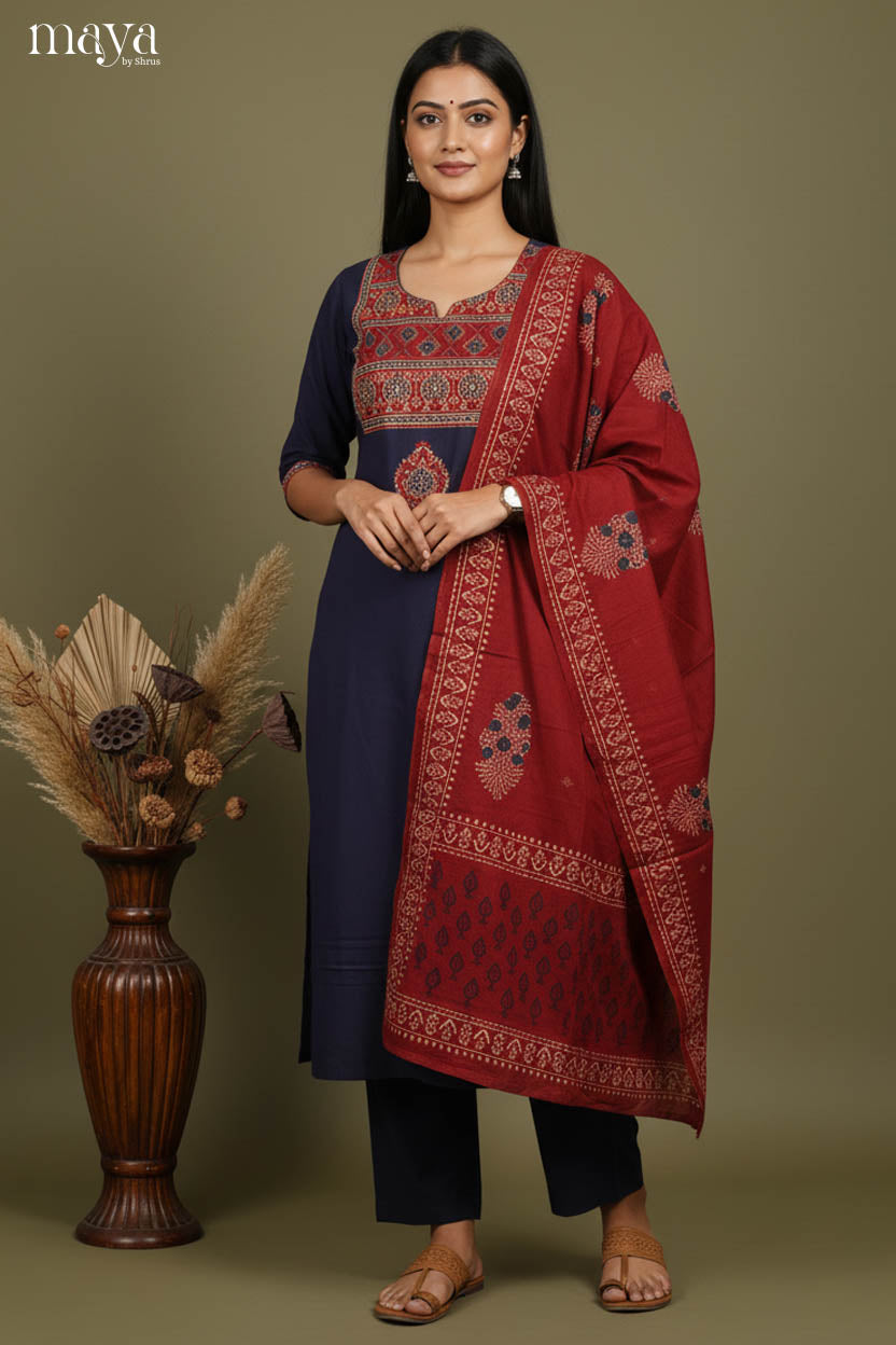 Blue & Maroon -Ajrakh Printed Readymade 3 Piece