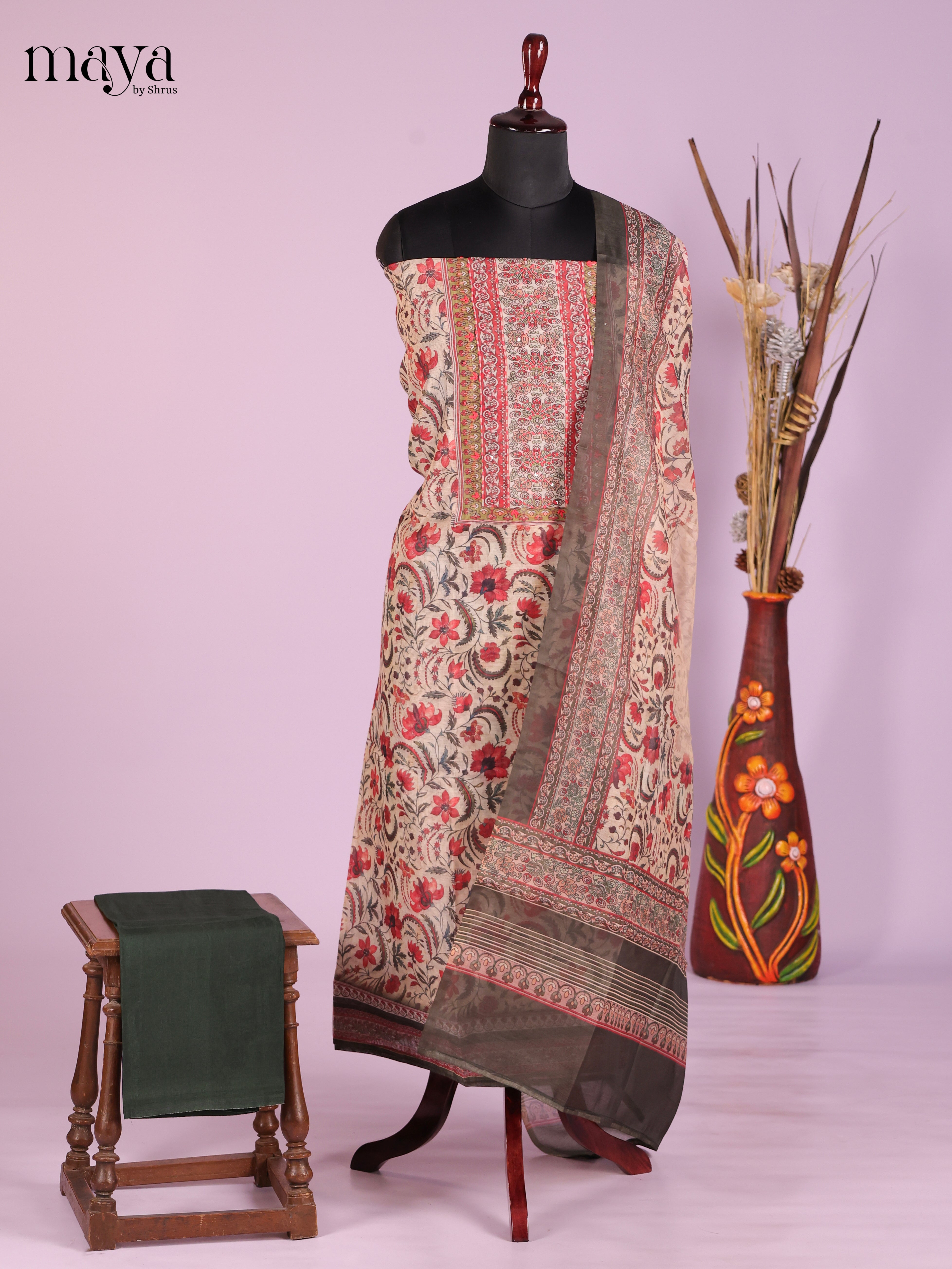 Cream & Green-Chanderi salwar Unstitch