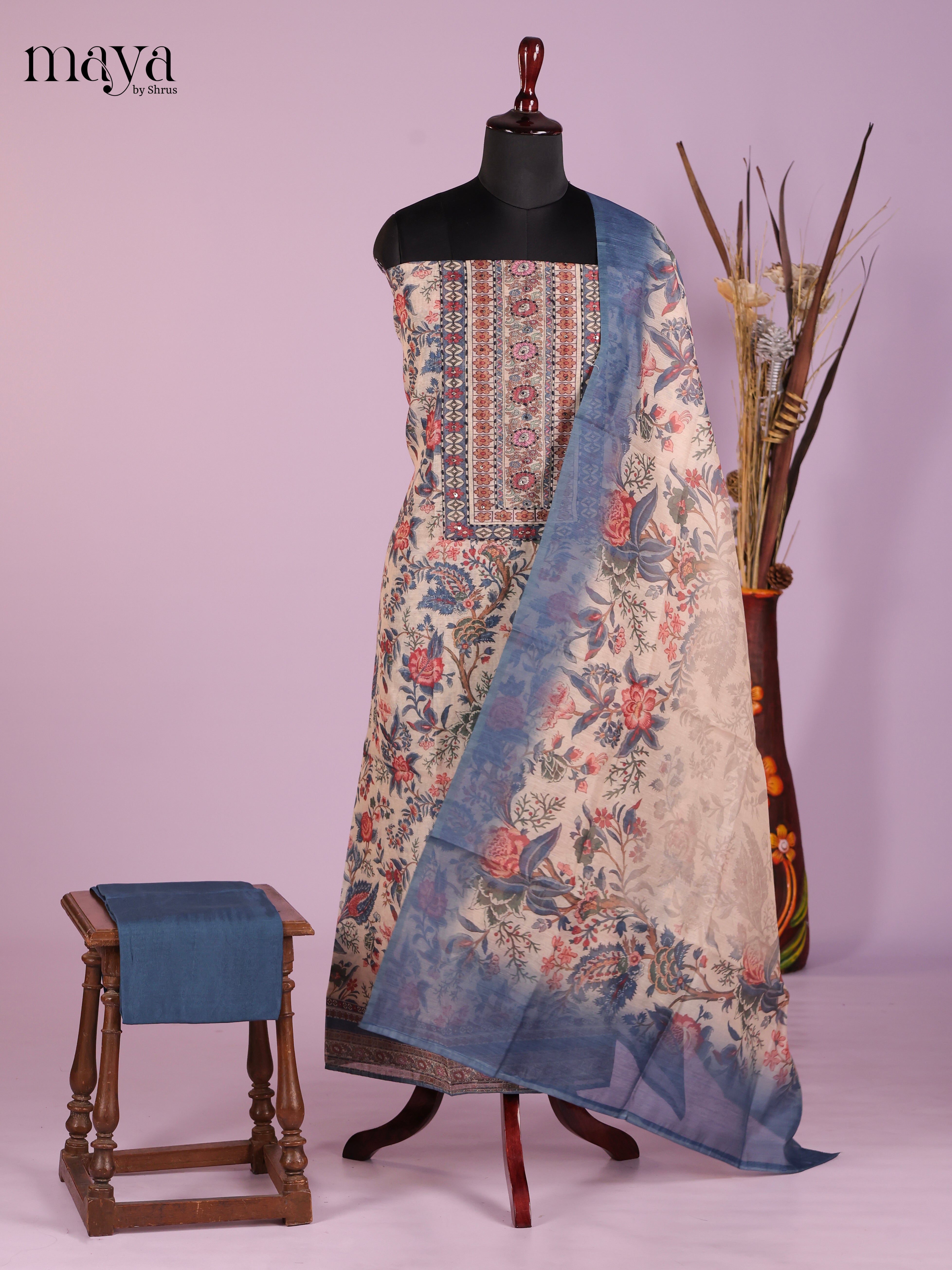 Cream & Blue-Chanderi salwar Unstitch