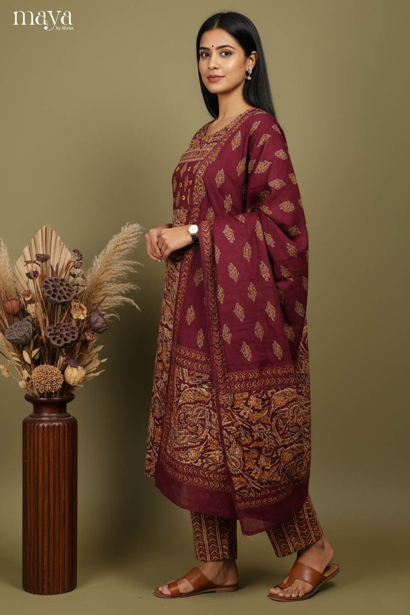 Maroon - Kalamkari Printed Readymade 3 Piece