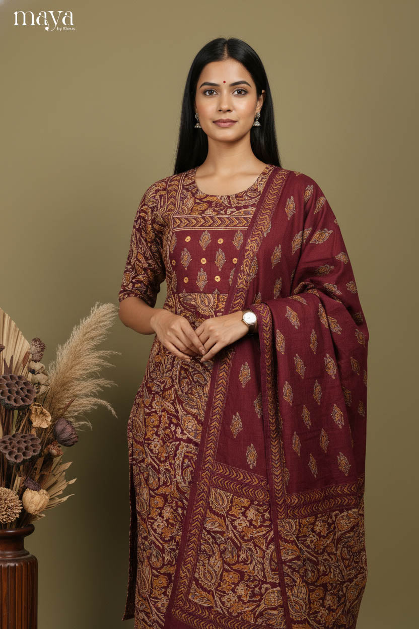 Maroon - Kalamkari Printed Readymade 3 Piece