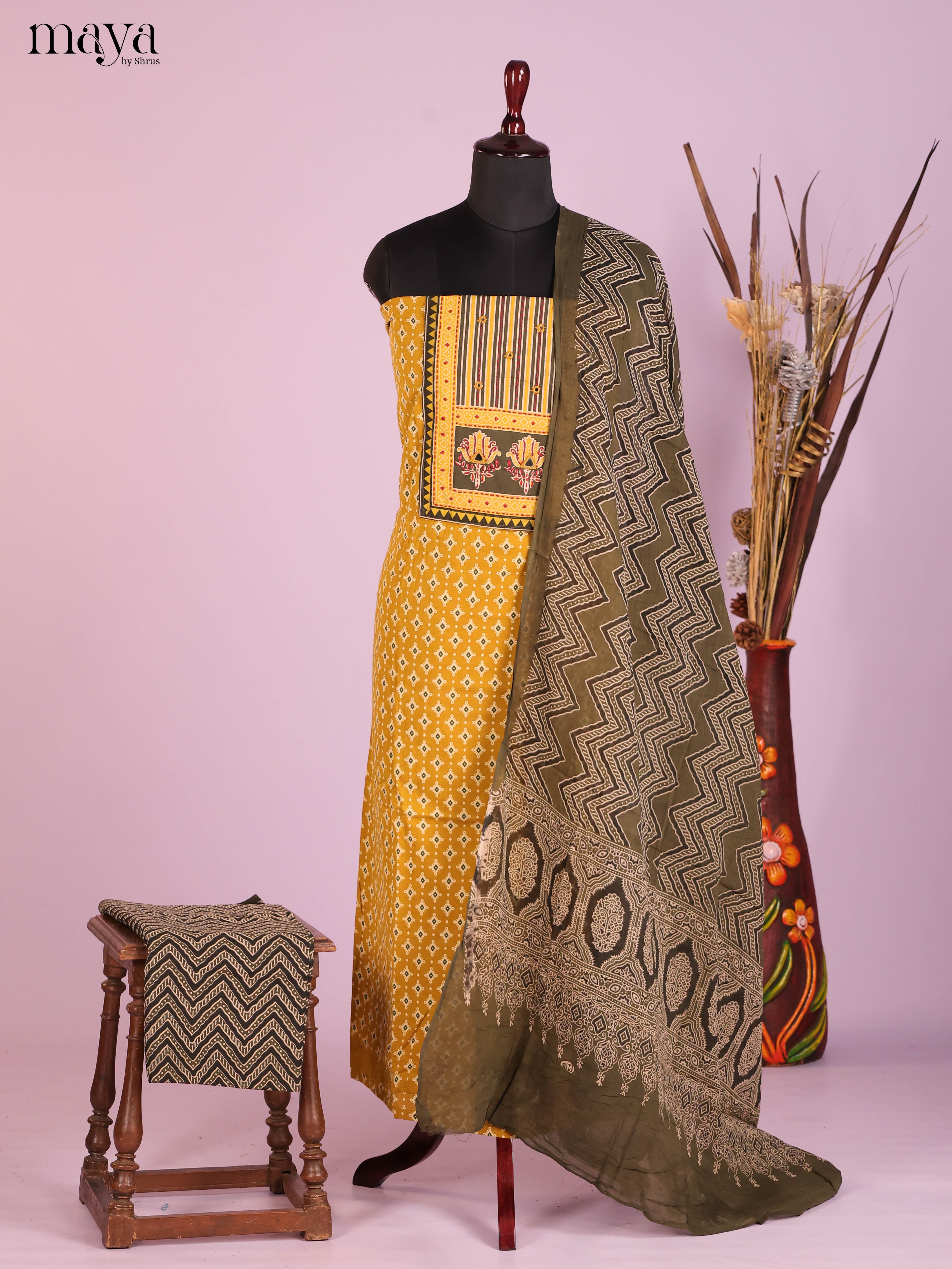 Mustard & Chutney Green -Ajrakh Salwar Unstitch