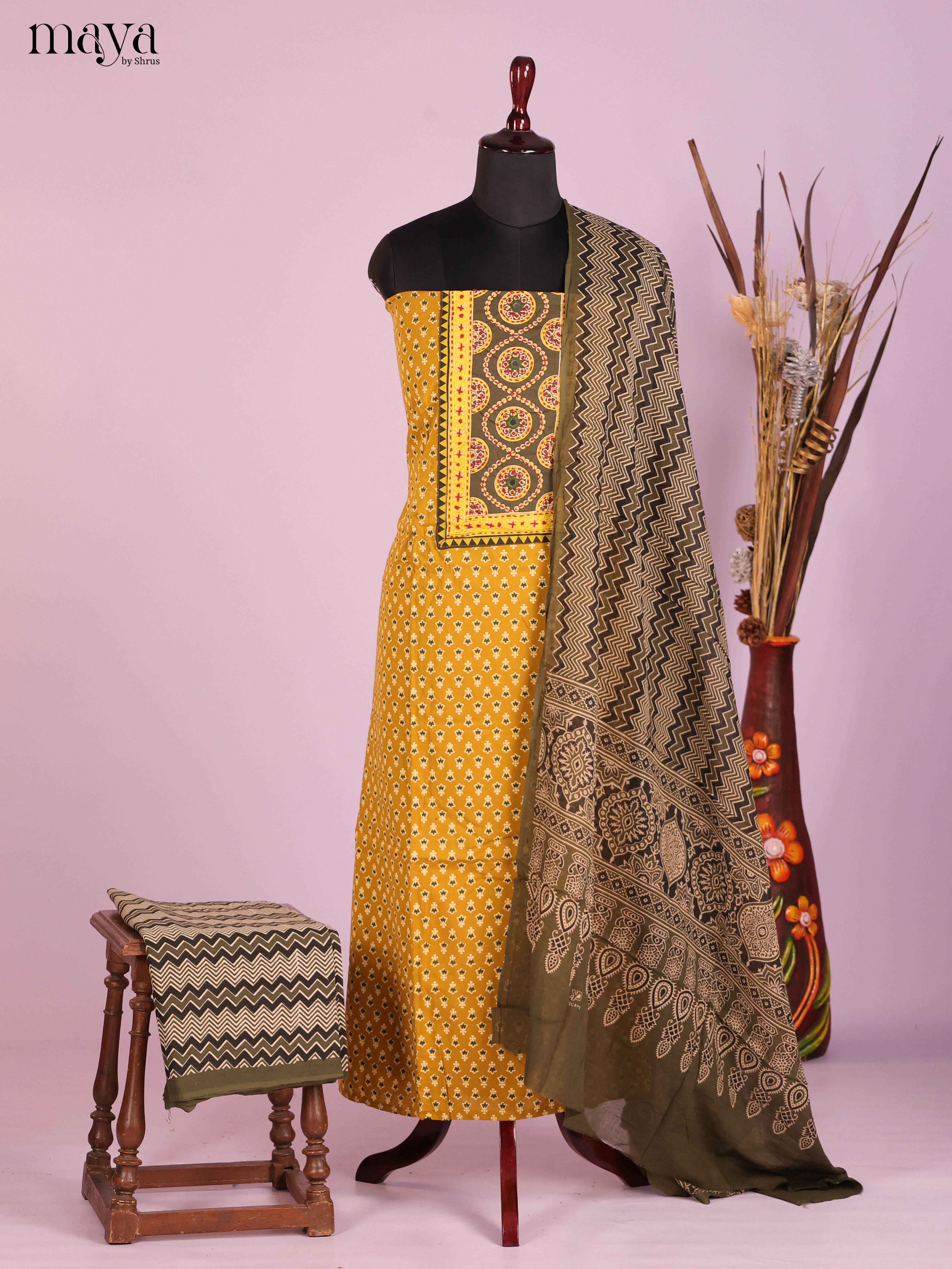 Mustard & Grey Green-Ajrakh Salwar Unstitch
