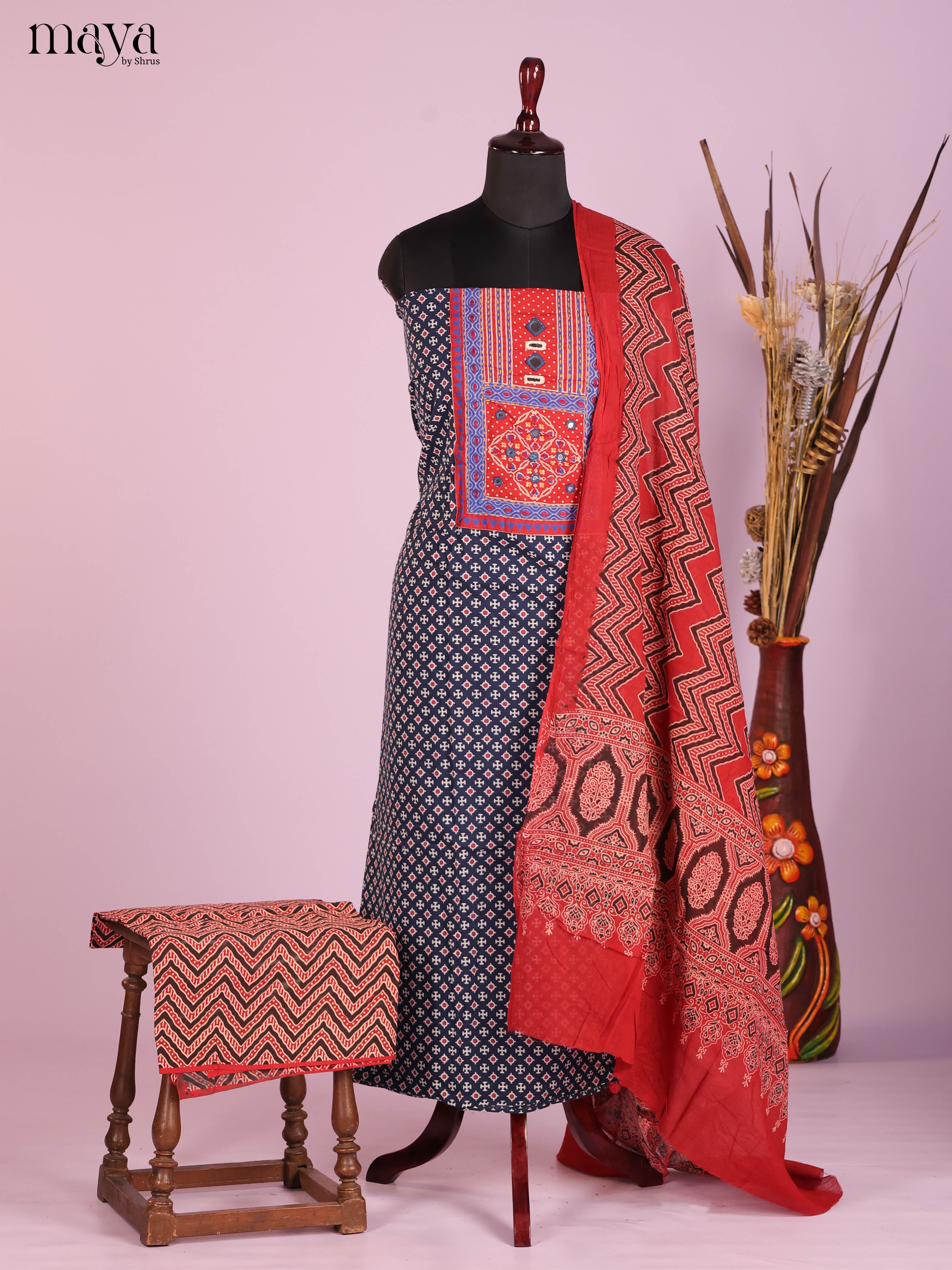 Blue & Red -Ajrakh Salwar Unstitch