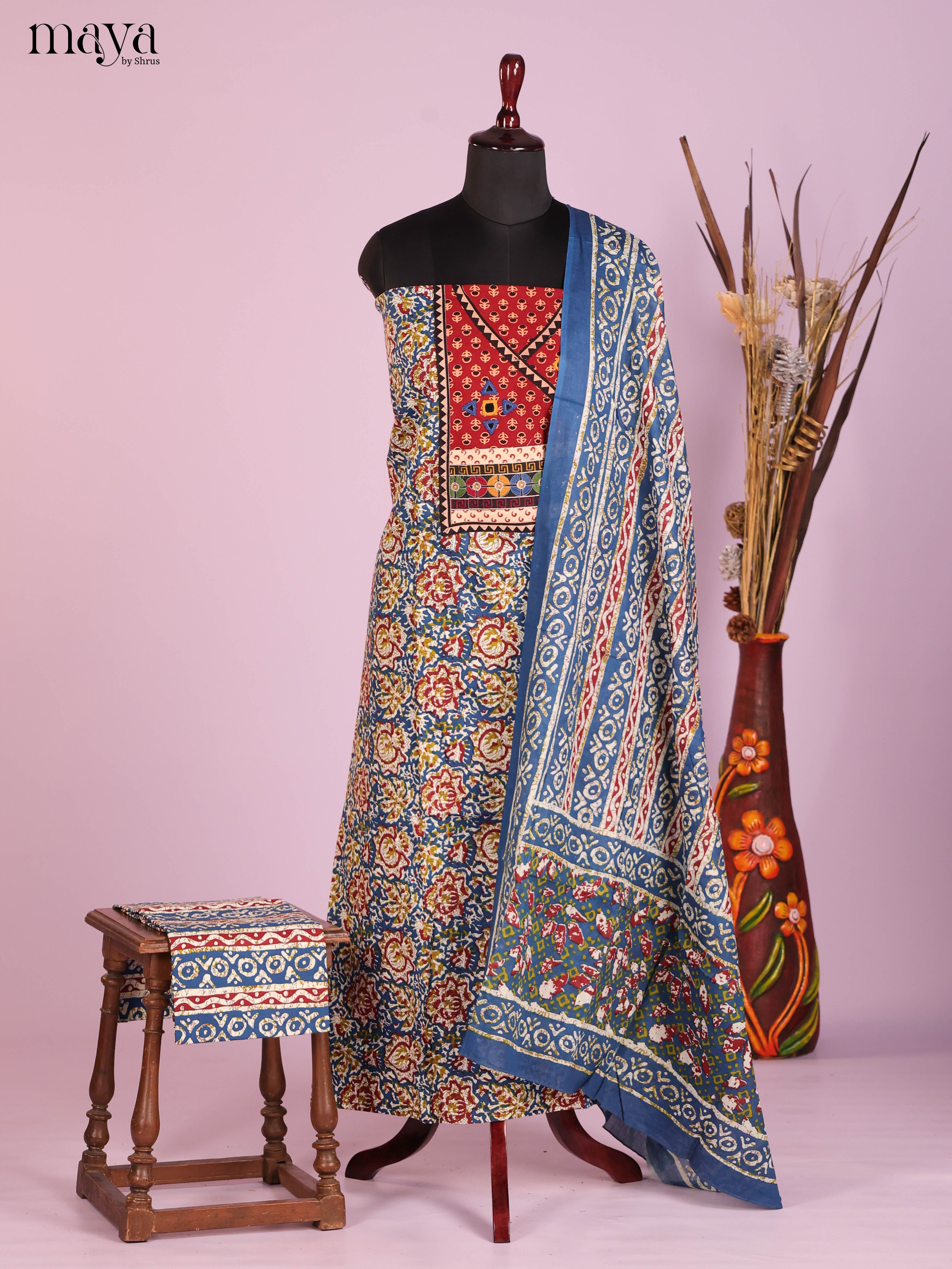 Blue & Red -Ajrakh Salwar Unstitch