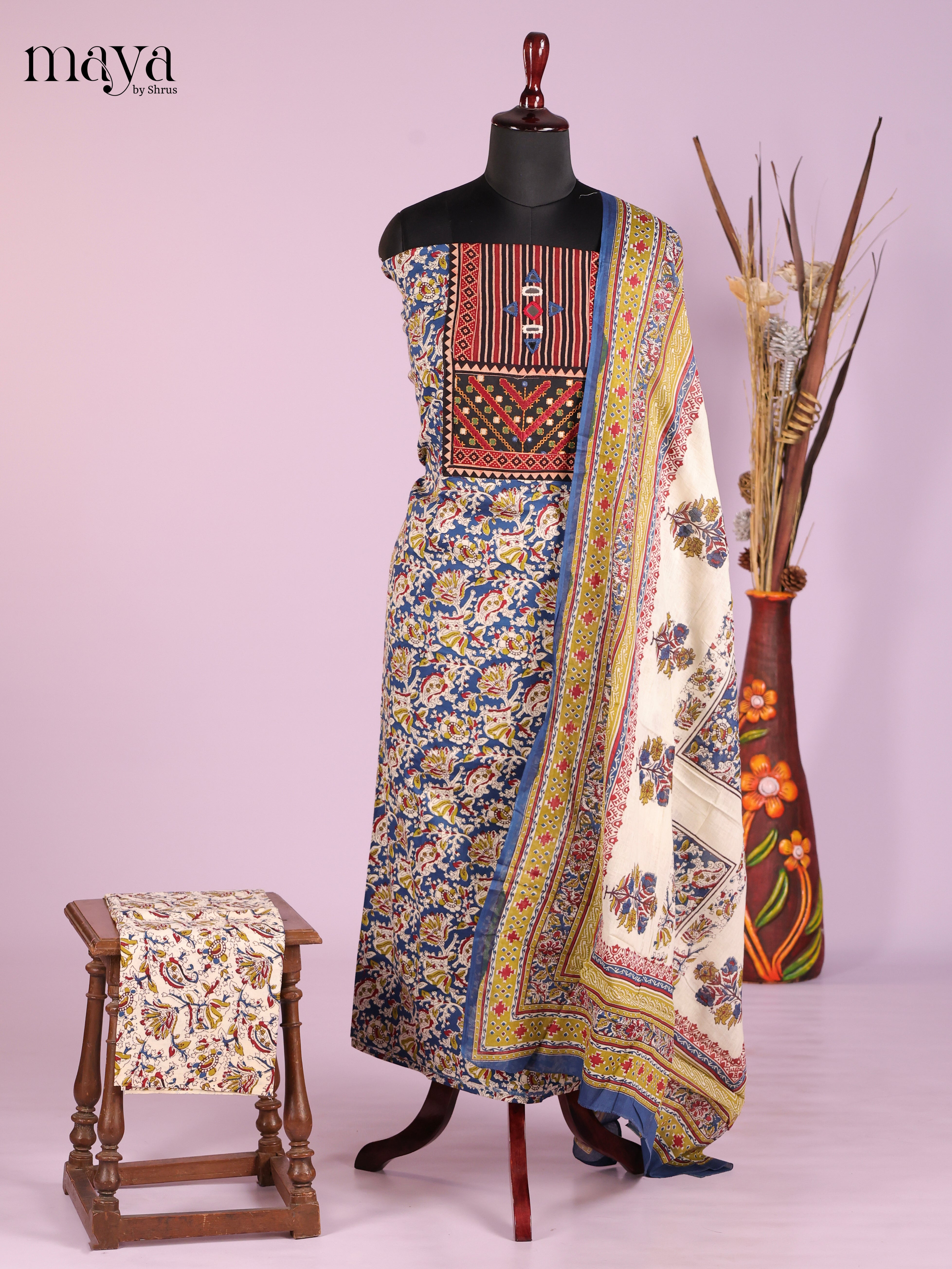 Blue & Cream-Ajrakh Salwar Unstitch