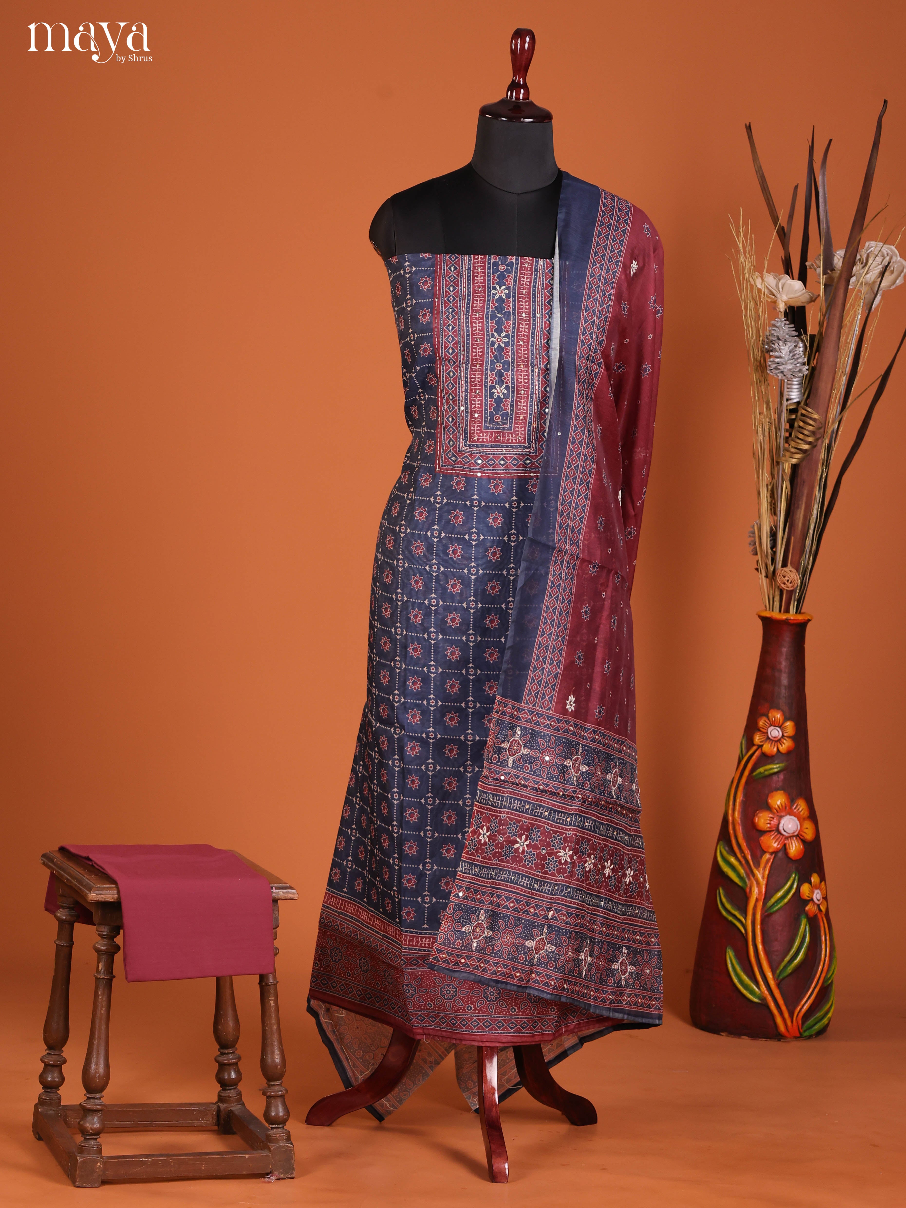 Blue & Maroon-Ajrakh Salwar Unstitch
