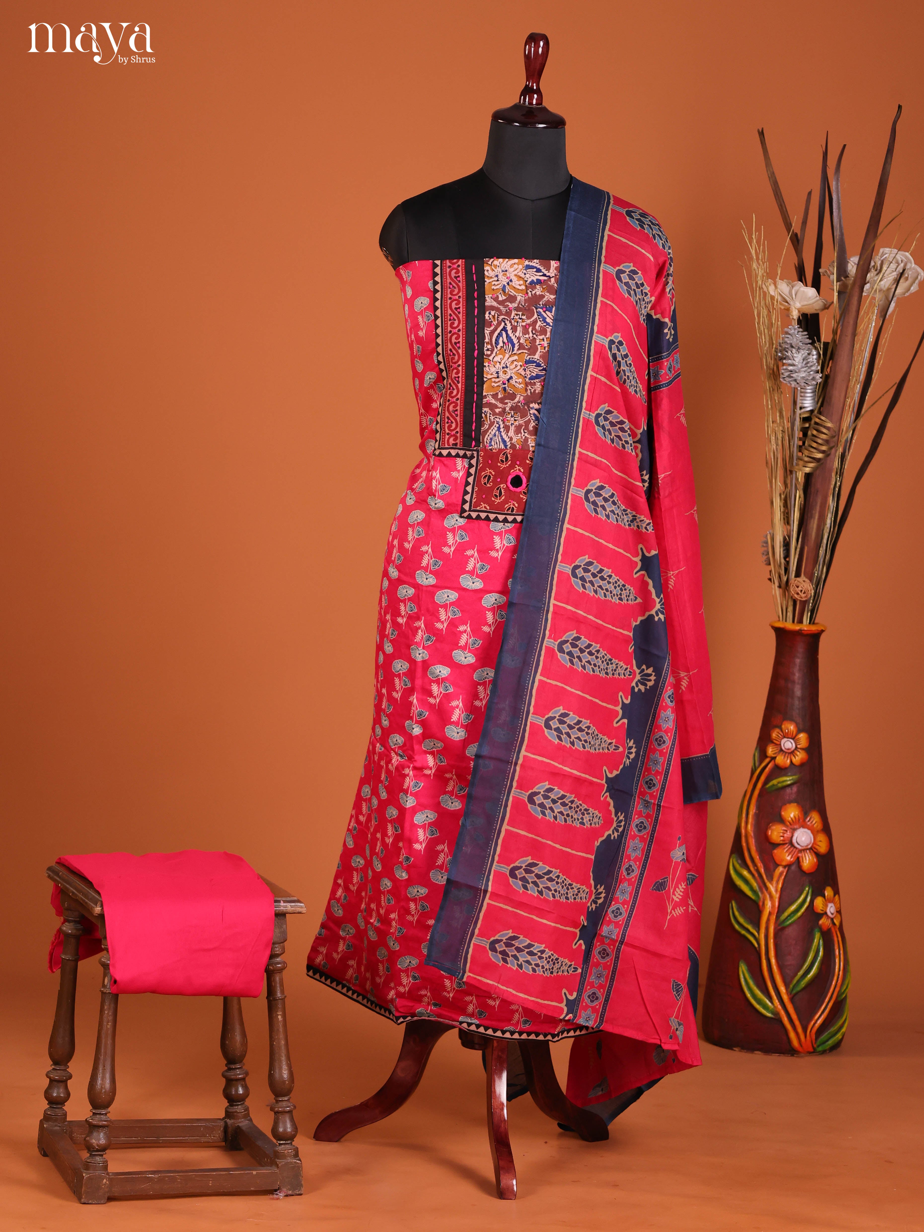 Pink & Blue-Ajrakh Salwar Unstitch