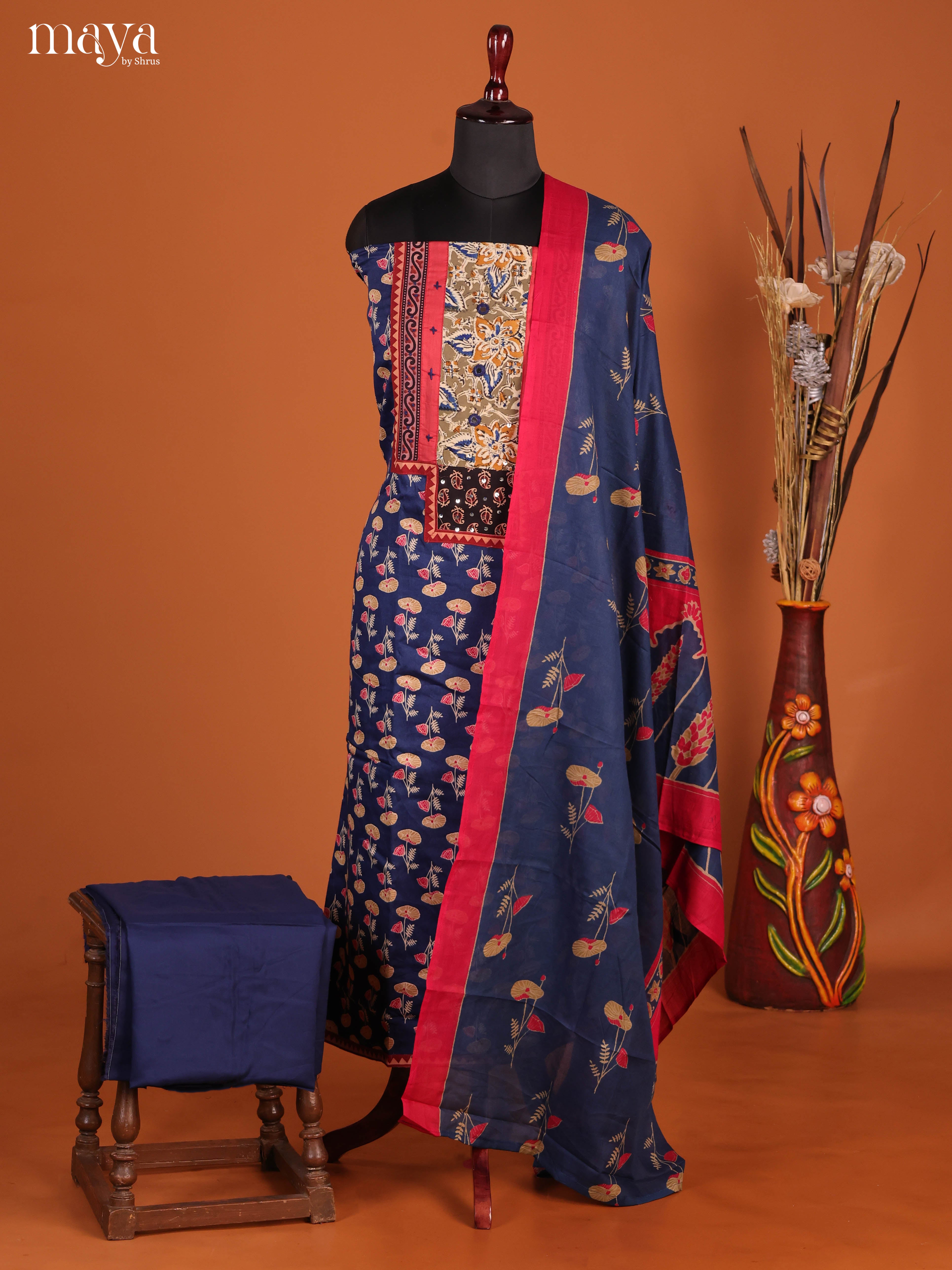 Blue & Red-Ajrakh Salwar Unstitch
