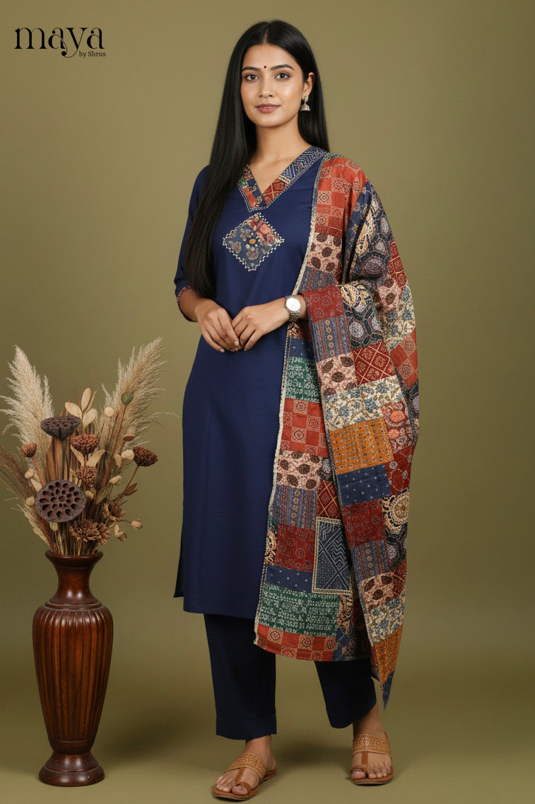 Blue - Ajrakh Printed Readymade 3 Piece Salwar Suit