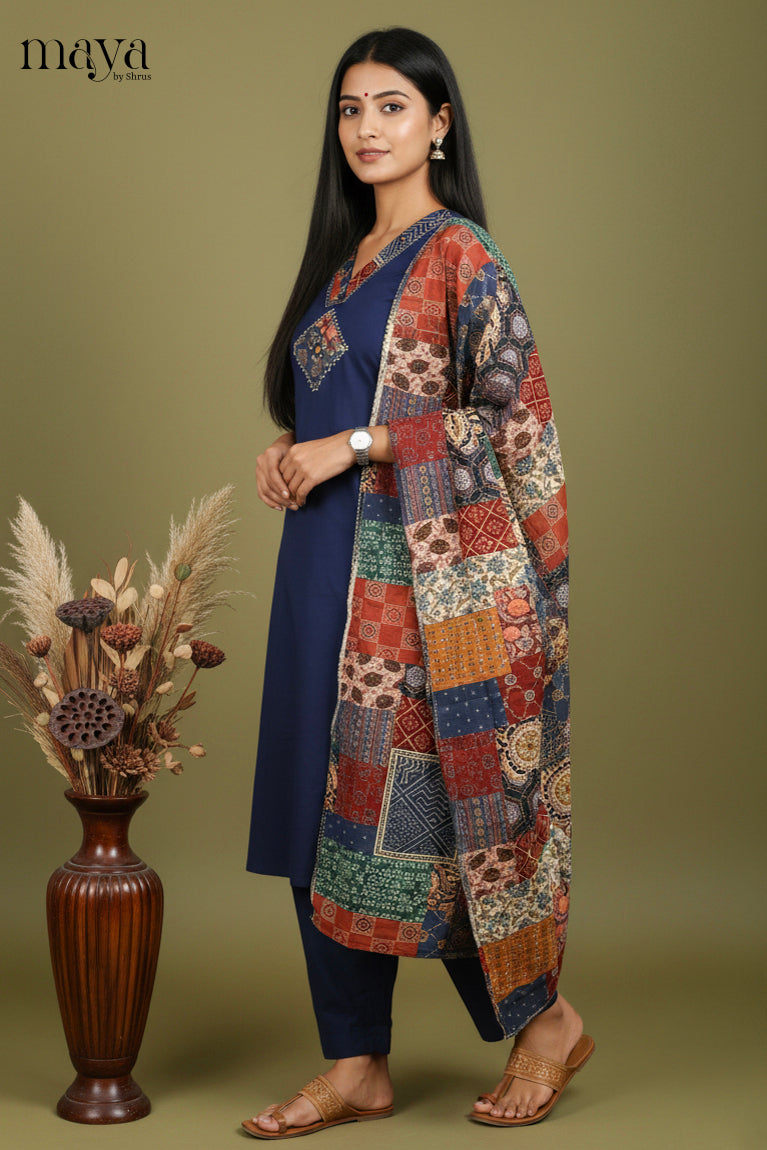 Blue - Ajrakh Printed Readymade 3 Piece Salwar Suit