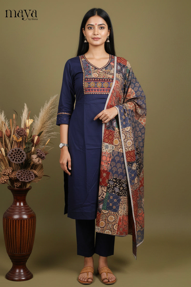 Blue -Ajrakh Printed Readymade 3 Piece Salwar Suit