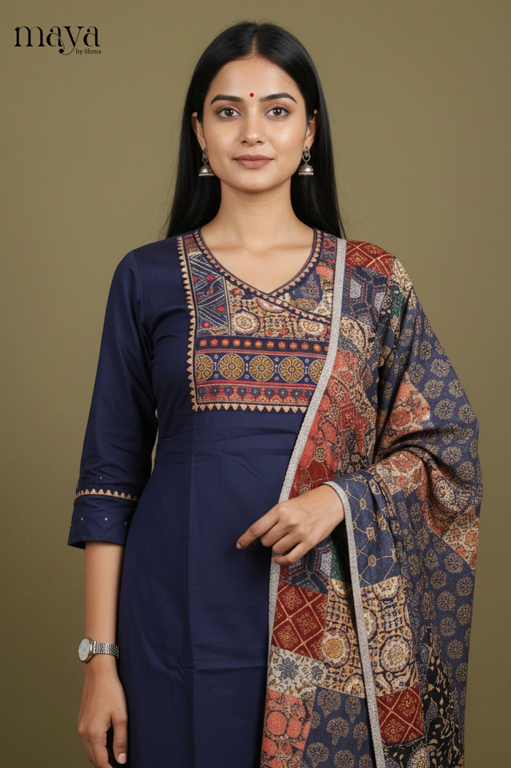Blue -Ajrakh Printed Readymade 3 Piece Salwar Suit