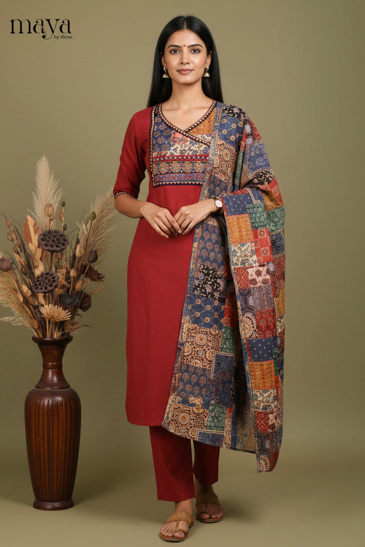 Maroon Ajrakh Printed Readymade 3 Piece Salwar
