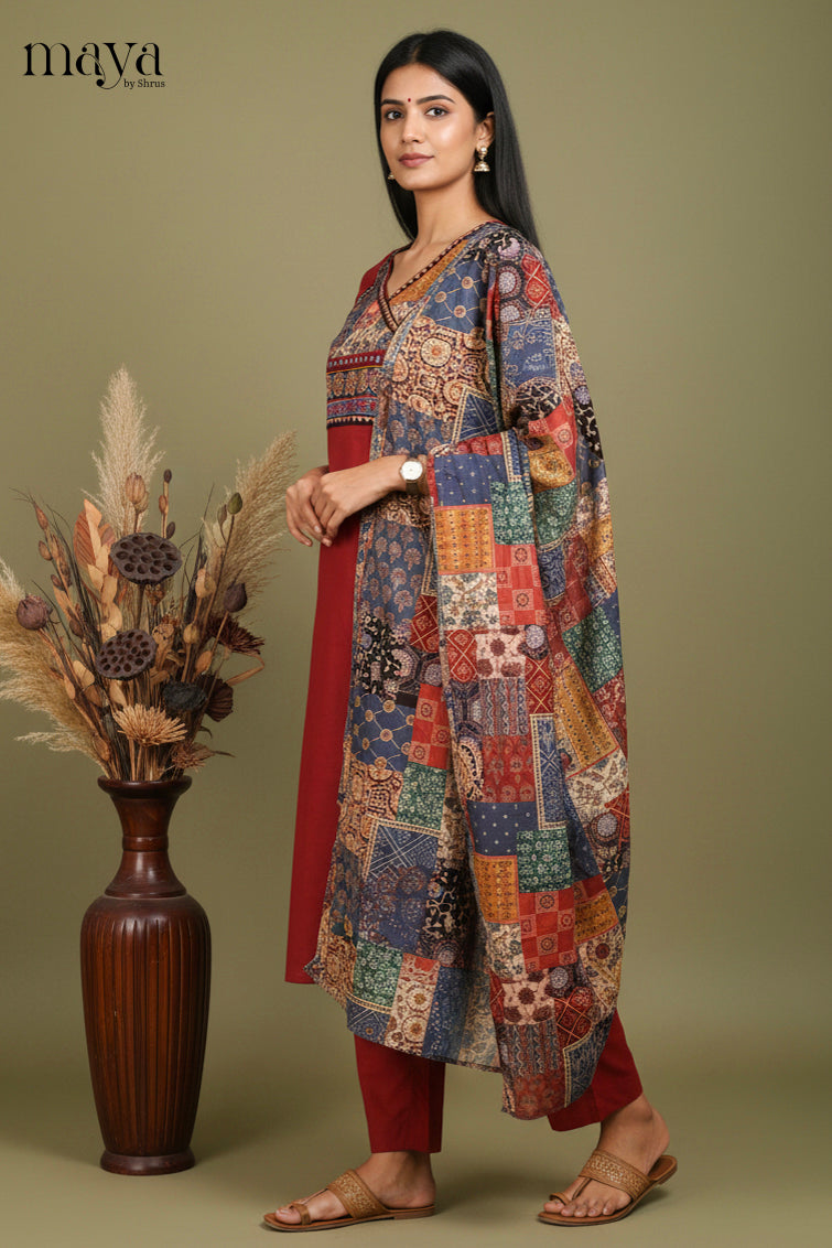 Maroon Ajrakh Printed Readymade 3 Piece Salwar