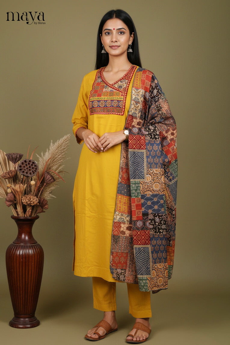 Mustard-Ajrakh Printed Readymade 3 Piece salwar set