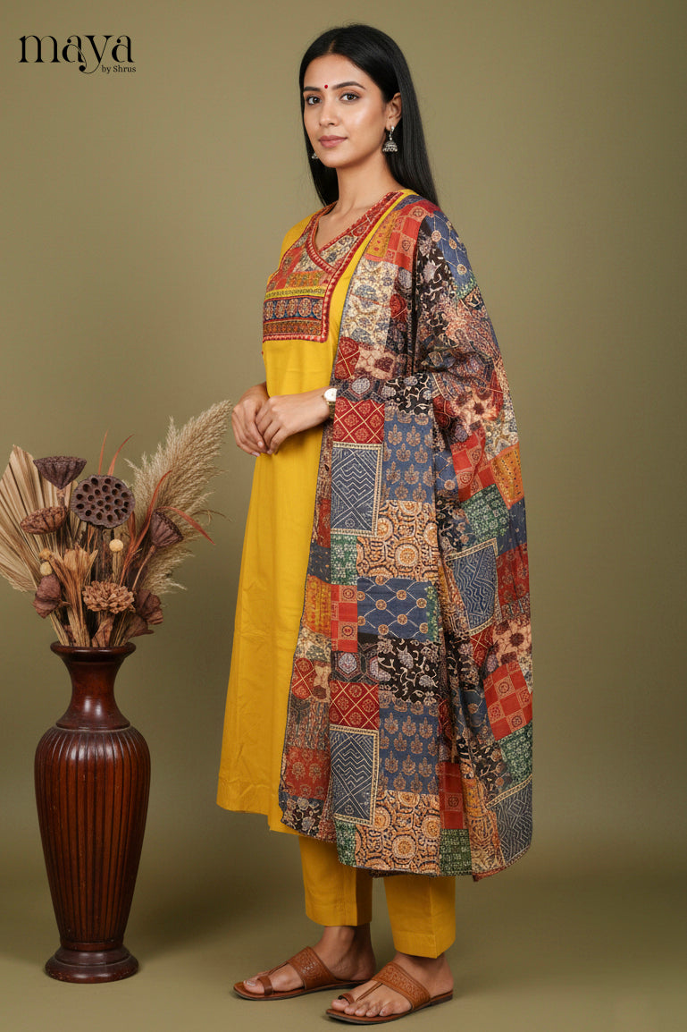 Mustard-Ajrakh Printed Readymade 3 Piece salwar set