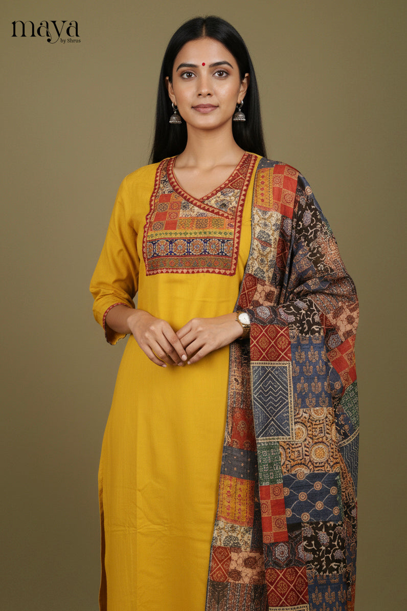 Mustard-Ajrakh Printed Readymade 3 Piece salwar set