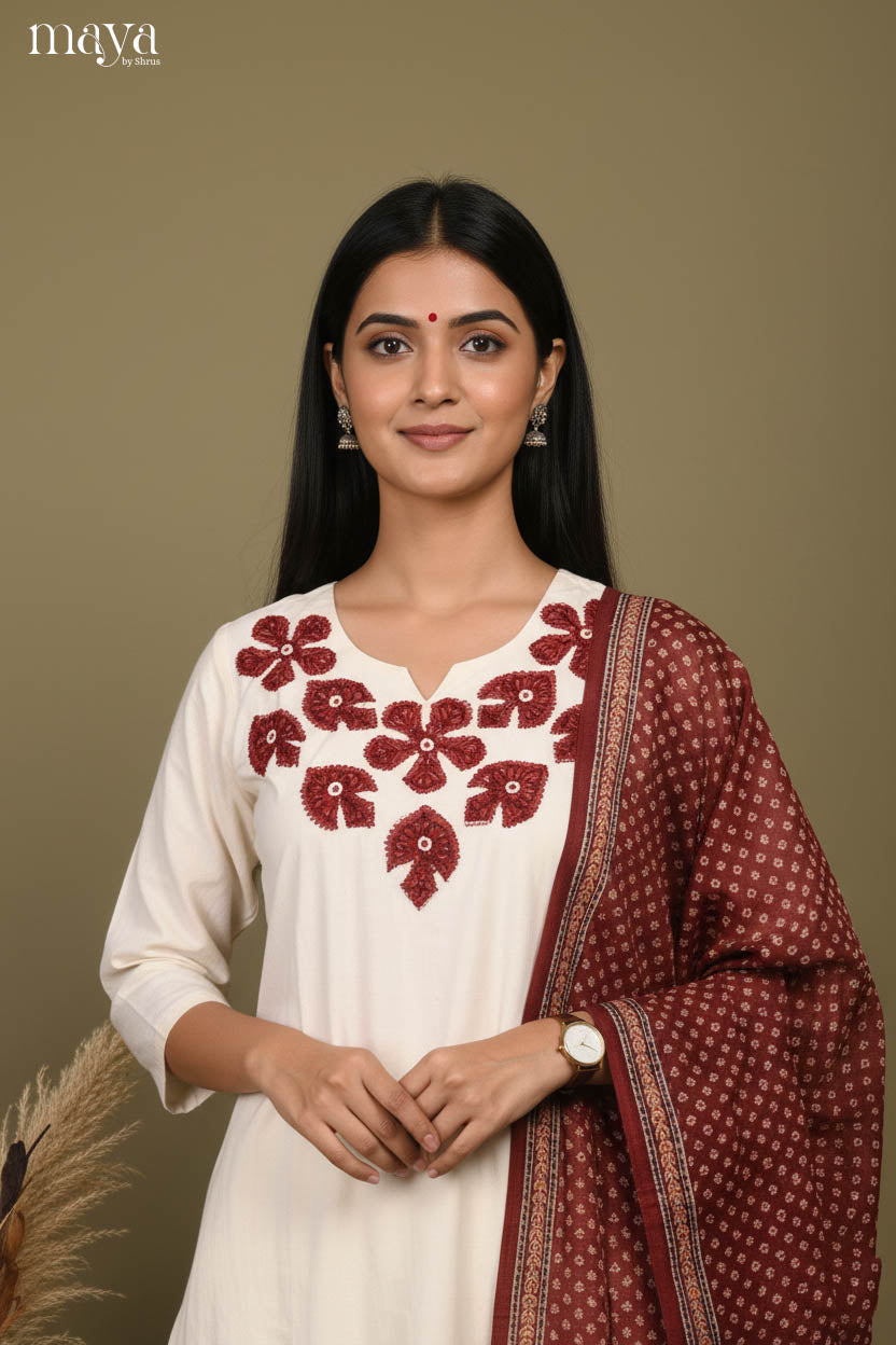 Cream & Maroon-Readymade 3 Piece