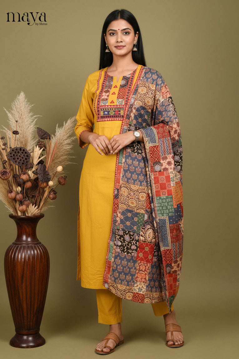 Mustard Ajrakh Printed Readymade 3 Piece Salwar