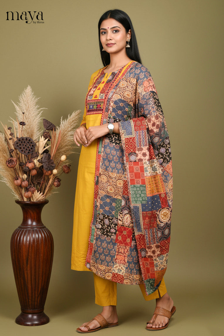 Mustard Ajrakh Printed Readymade 3 Piece Salwar