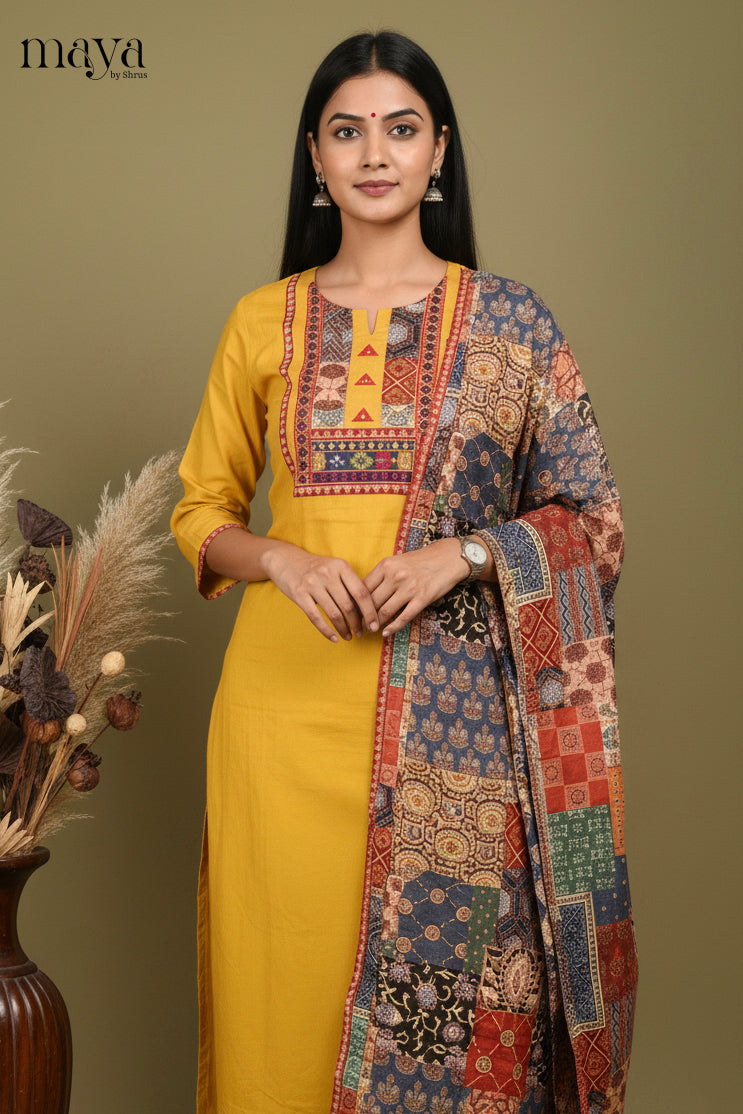 Mustard Ajrakh Printed Readymade 3 Piece Salwar