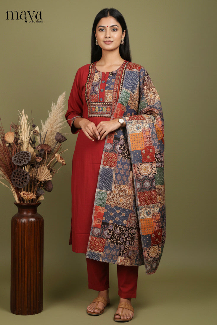 maroon Ajrakh Printed Readymade 3 Piece Salwar