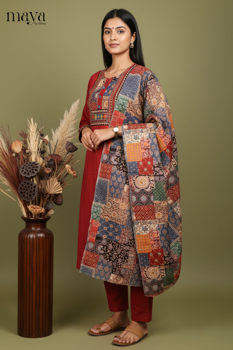 maroon Ajrakh Printed Readymade 3 Piece Salwar