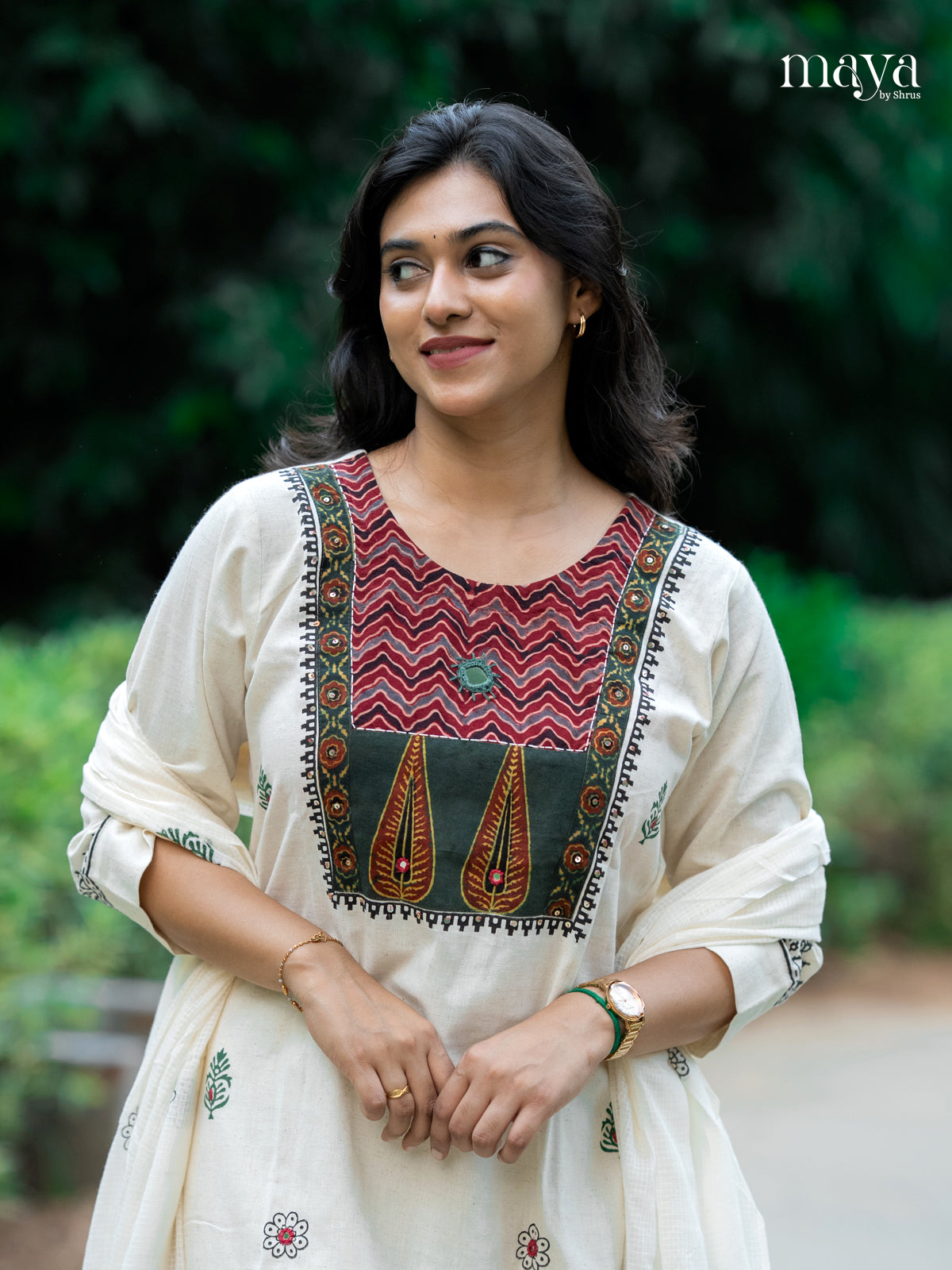 Cream & Green -Ajrakh Printed Readymade 3 Piece