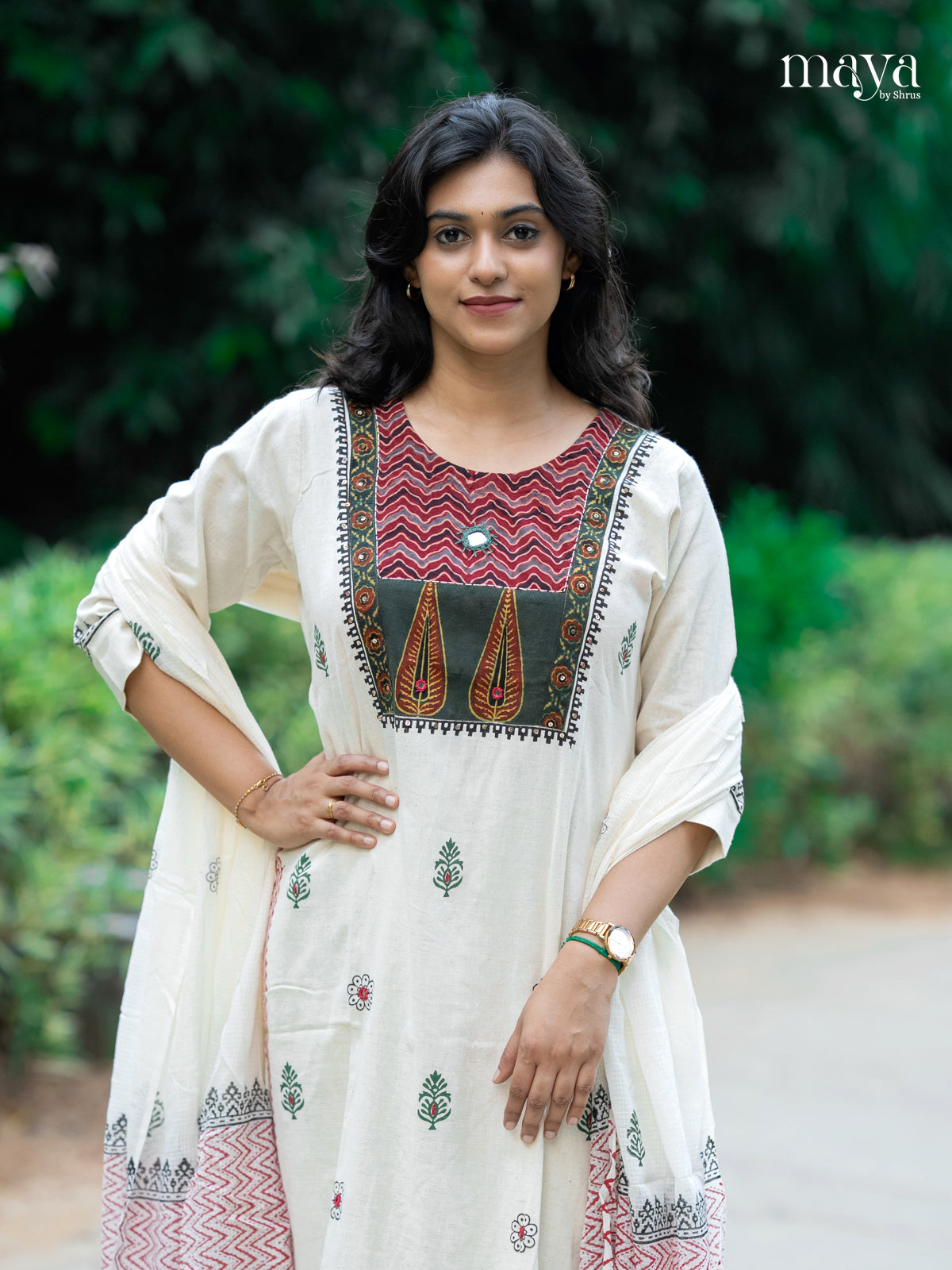 Cream & Green -Ajrakh Printed Readymade 3 Piece