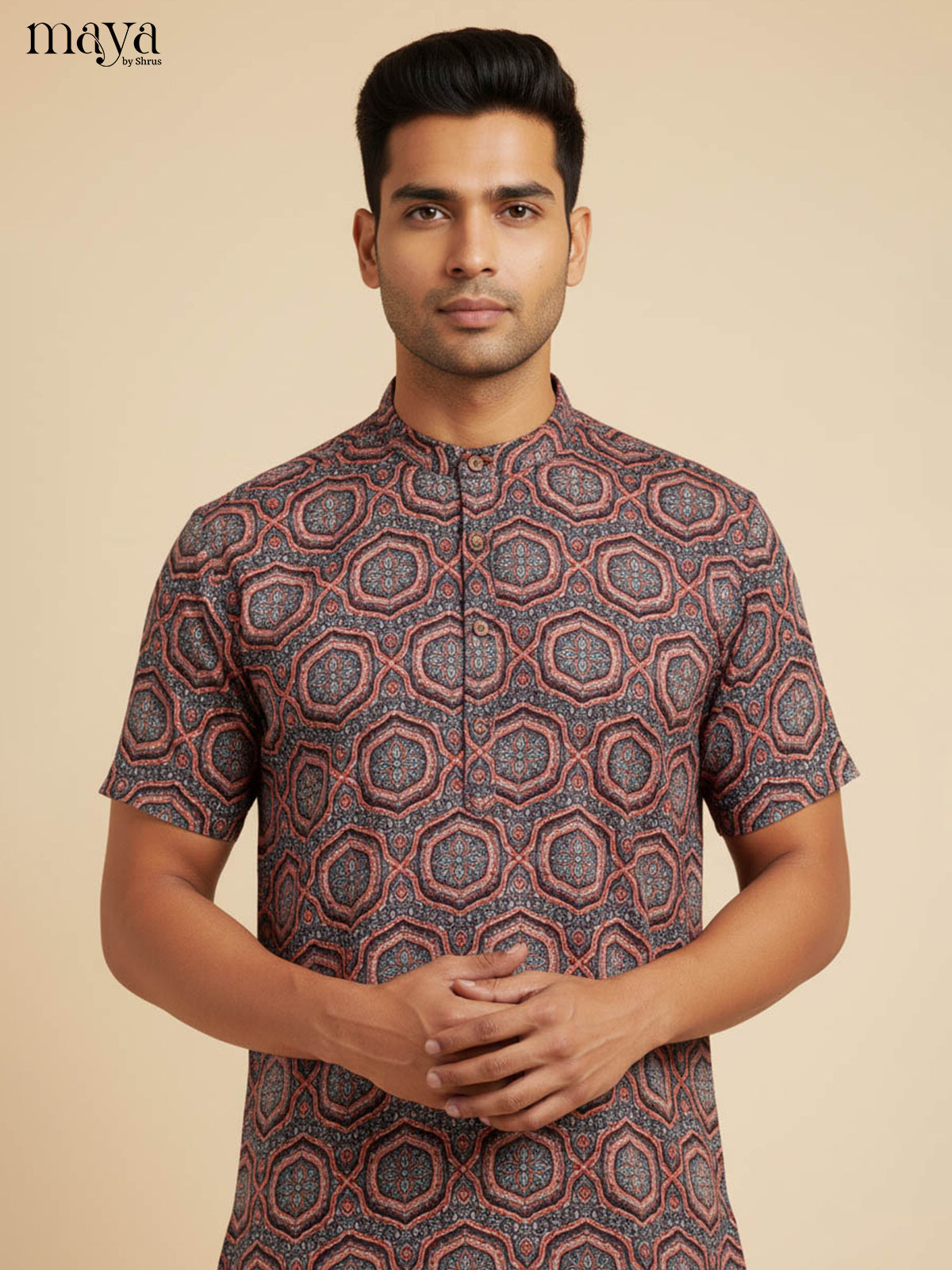 Blue with maroon-Readymade Mens Kurta