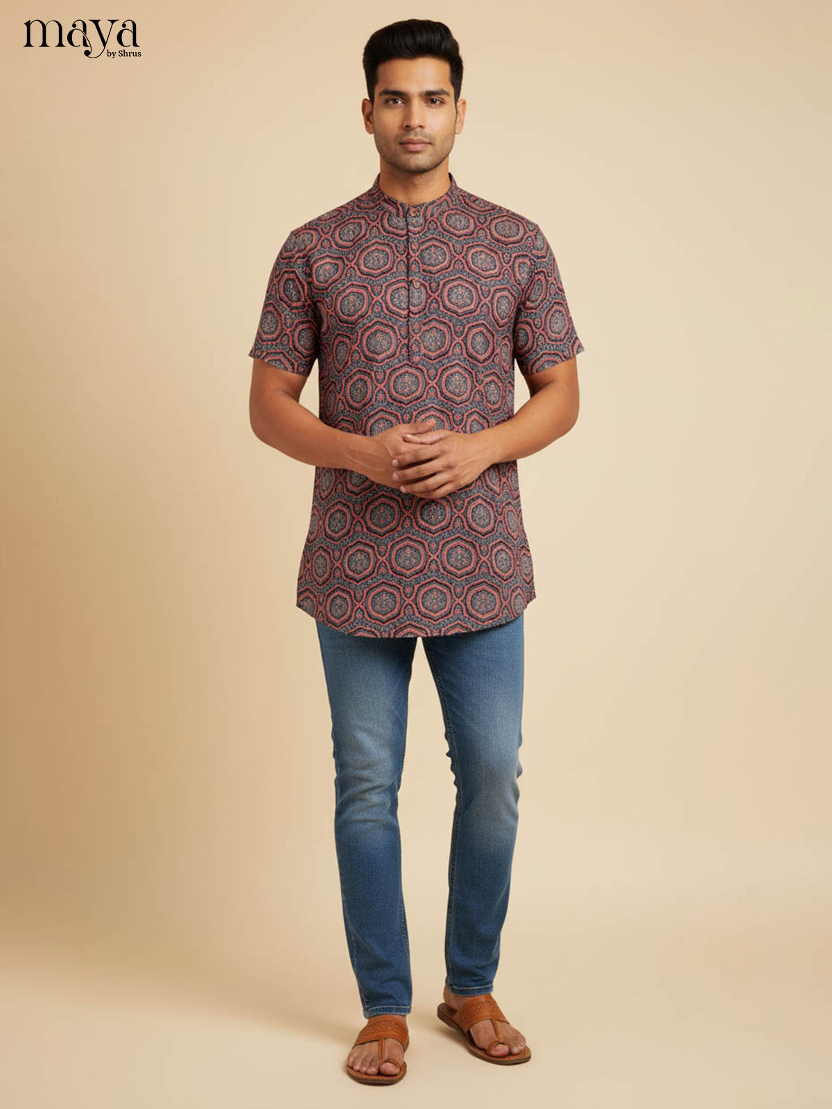 Blue with maroon-Readymade Mens Kurta
