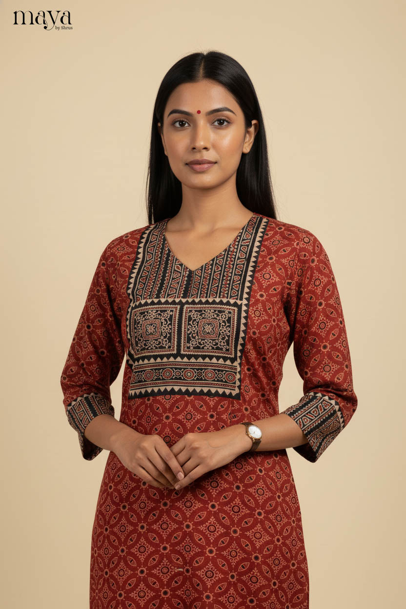 Red & Black Ajrakh Printed Readymade Kurti