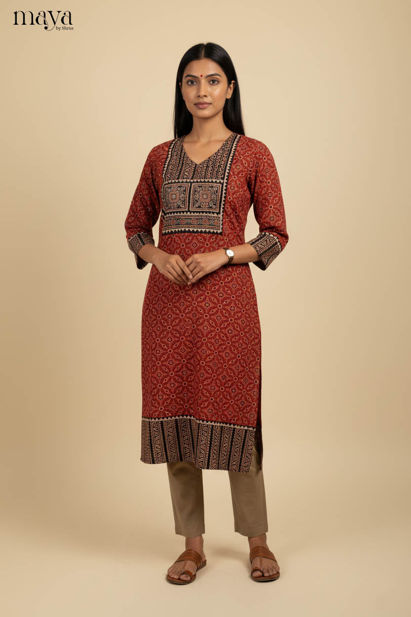 Red & Black Ajrakh Printed Readymade Kurti