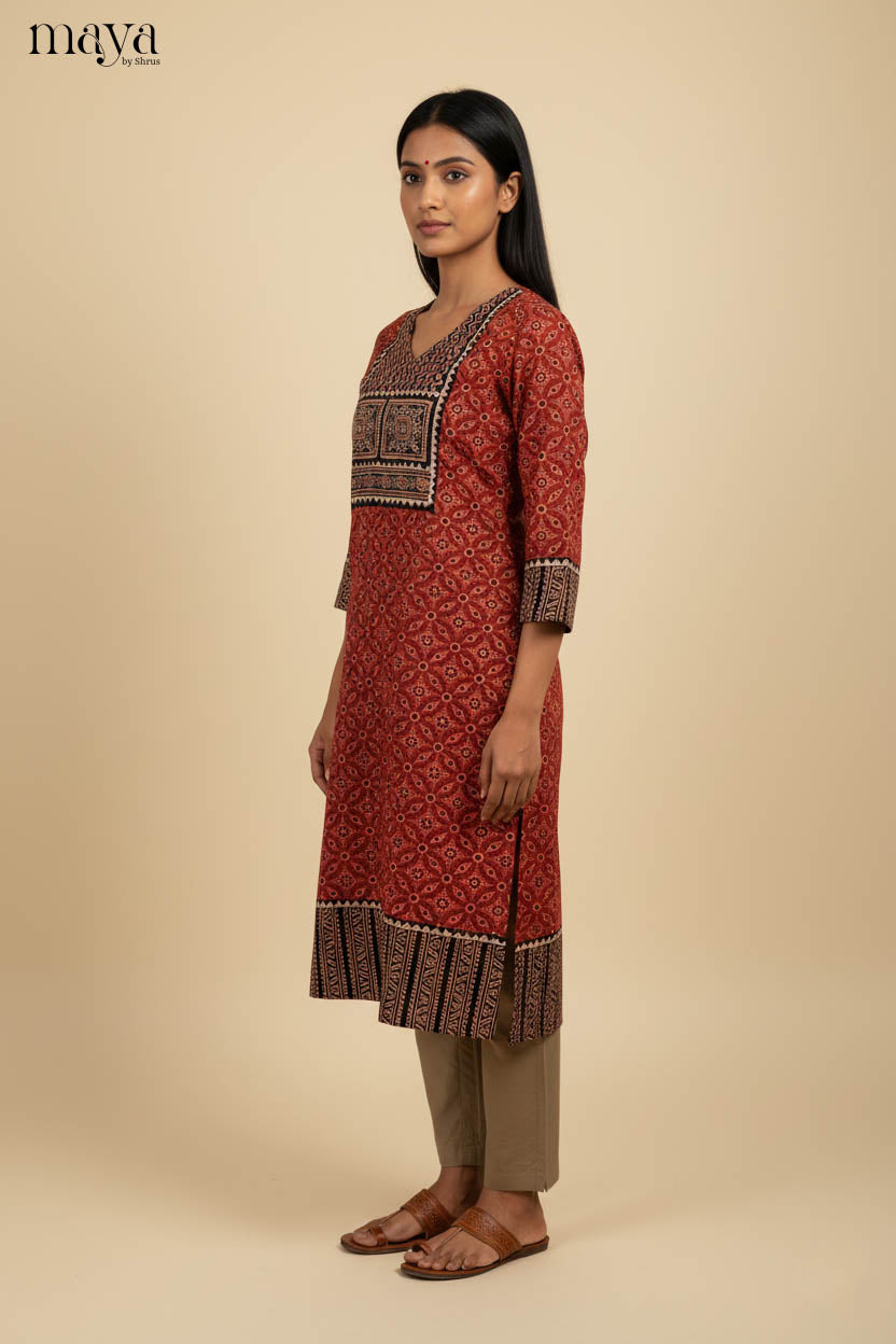 Red & Black Ajrakh Printed Readymade Kurti