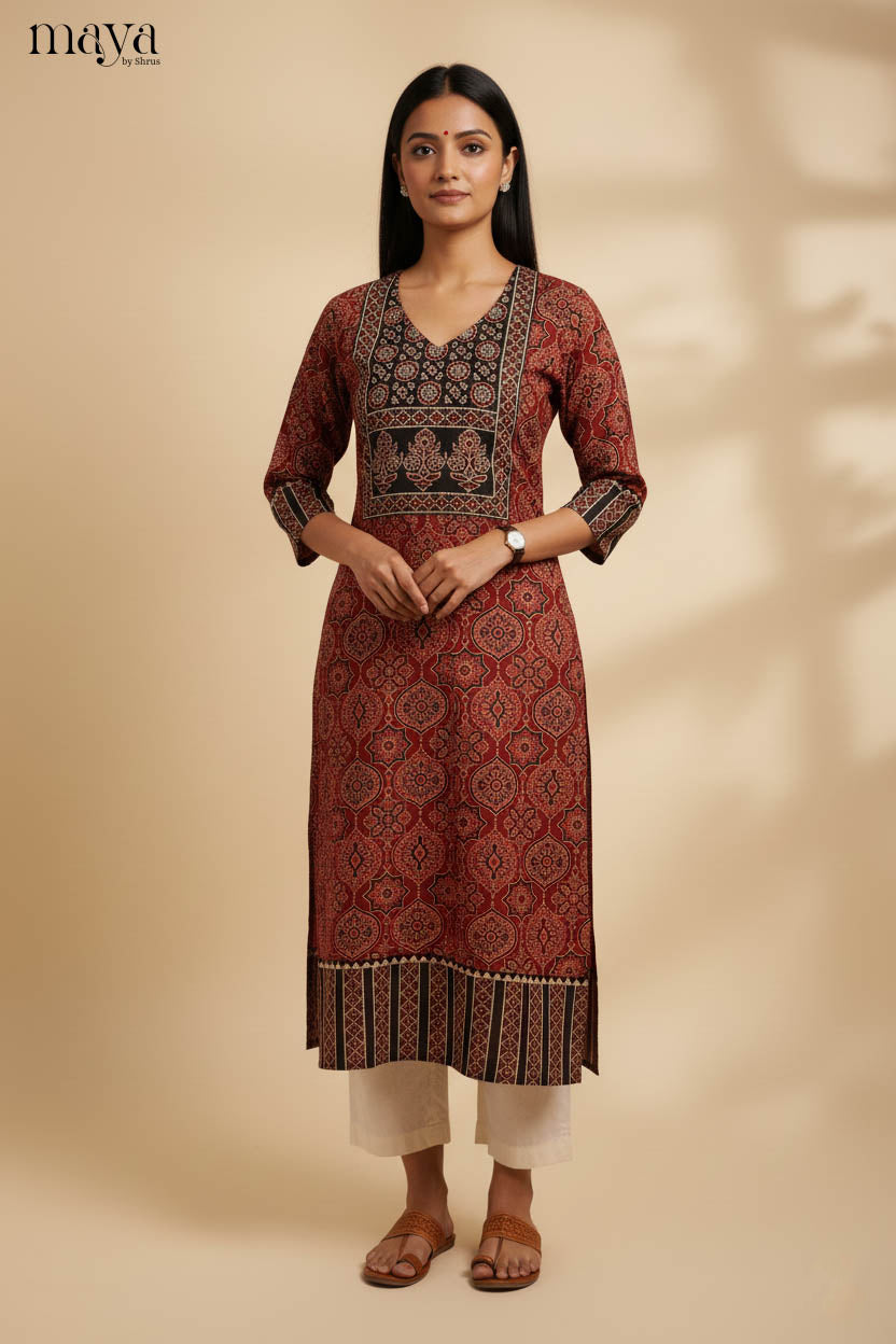 Red & Black Ajrakh Printed Readymade Kurti