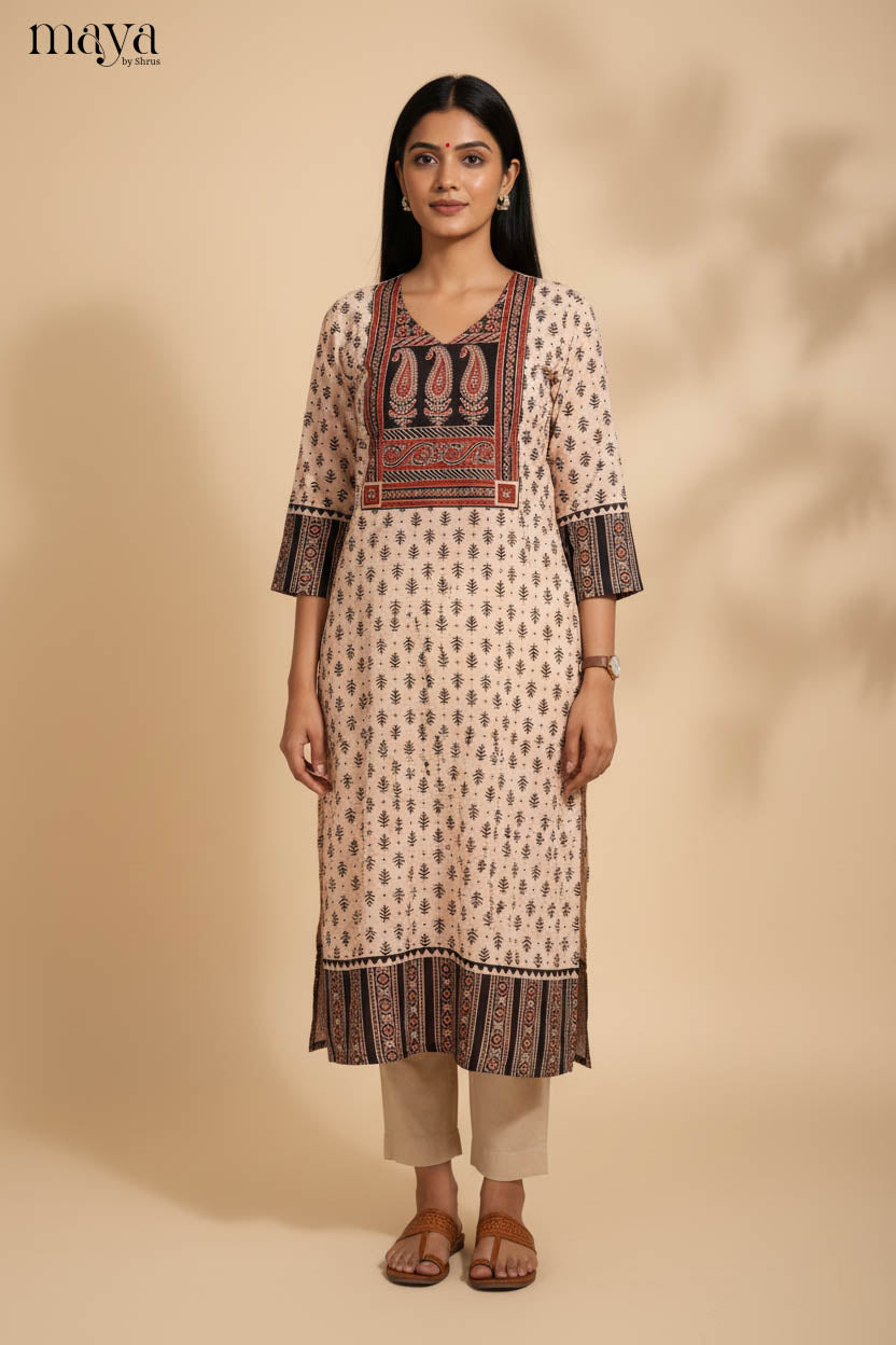 Cream & Black Ajrakh printed Readymade Kurti