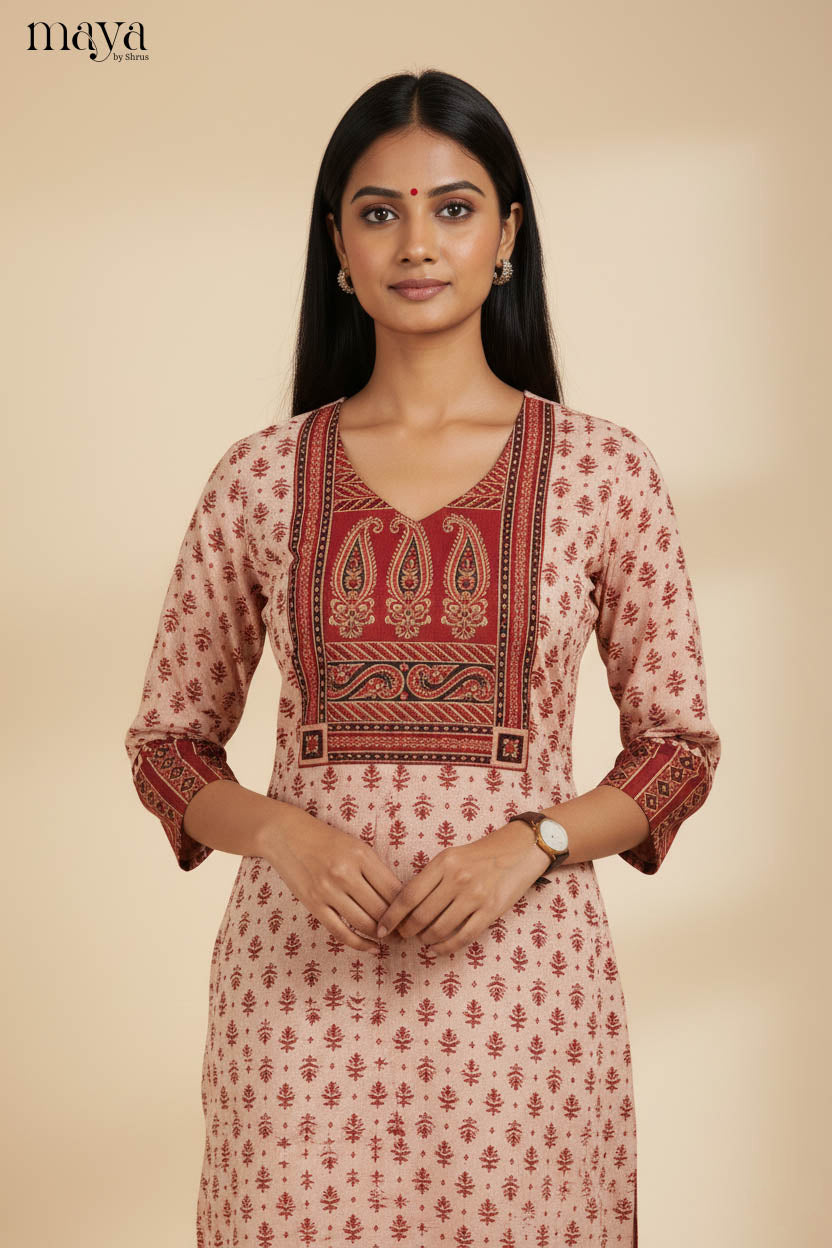 Cream & Red Ajrakh printed Readymade Kurti