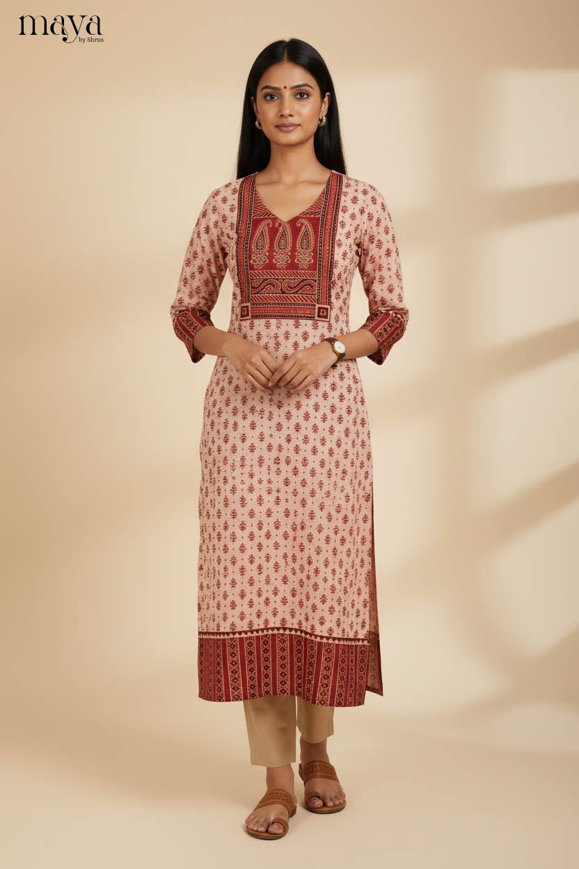 Cream & Red Ajrakh printed Readymade Kurti