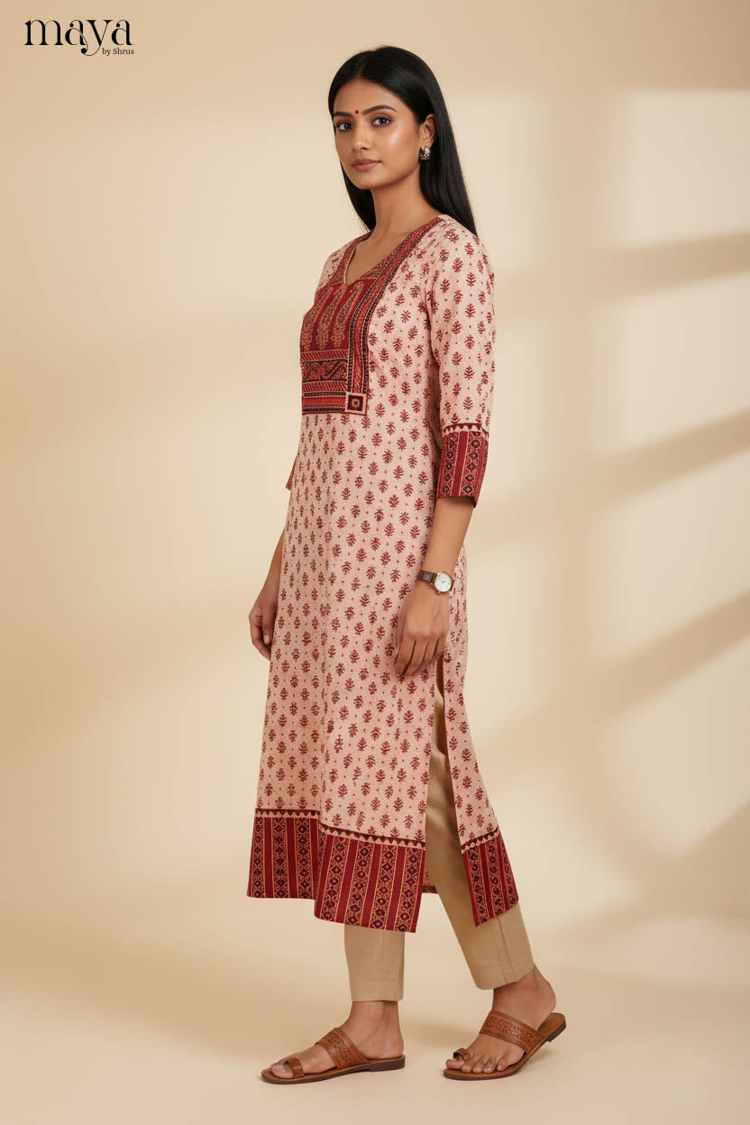 Cream & Red Ajrakh printed Readymade Kurti