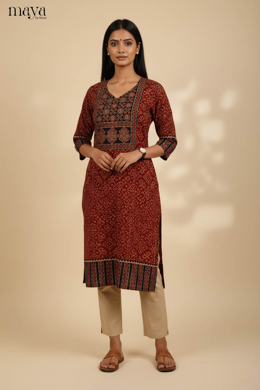 Red & Black Ajrakh Printed Readymade Kurti