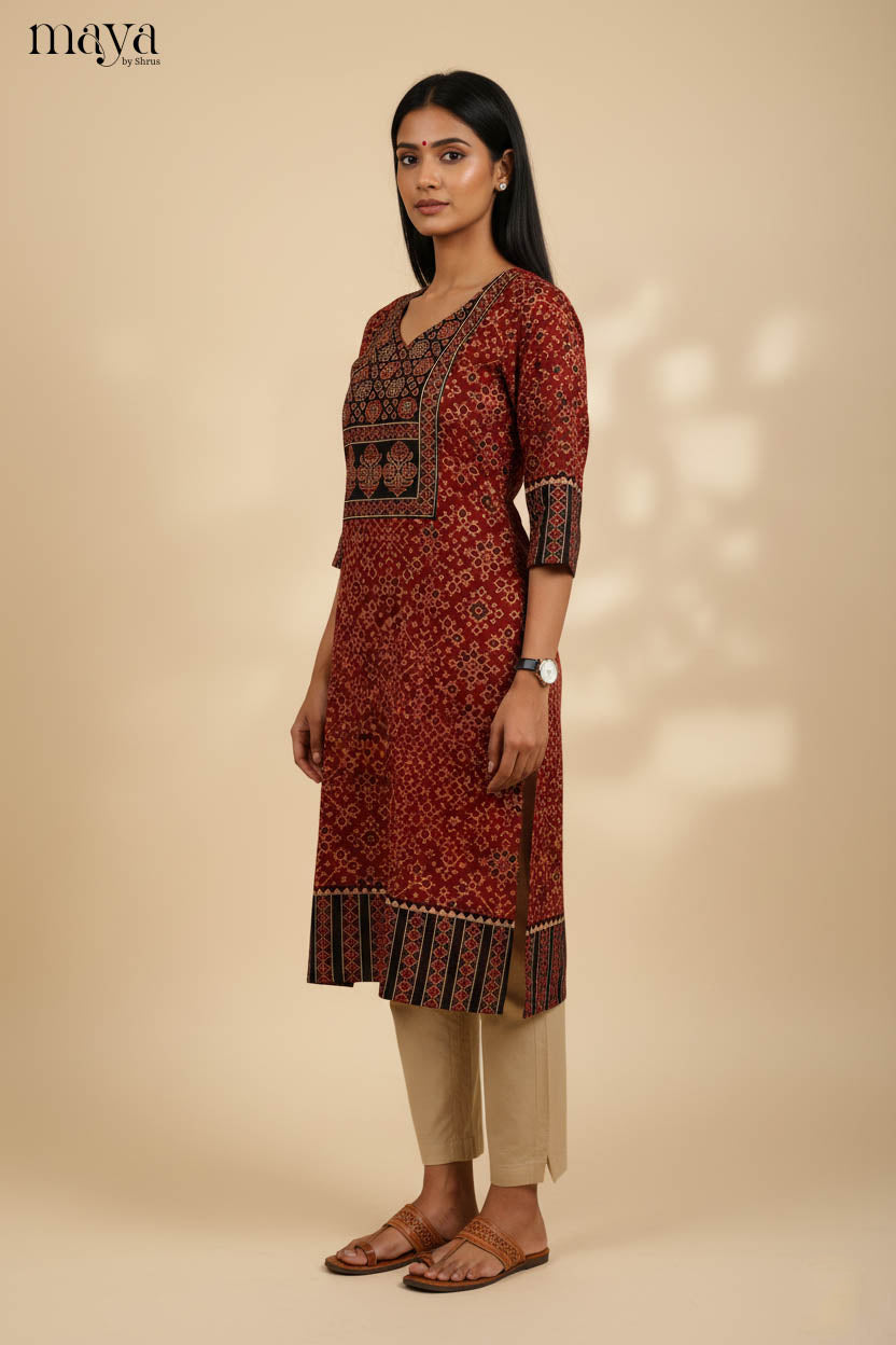 Red & Black Ajrakh Printed Readymade Kurti